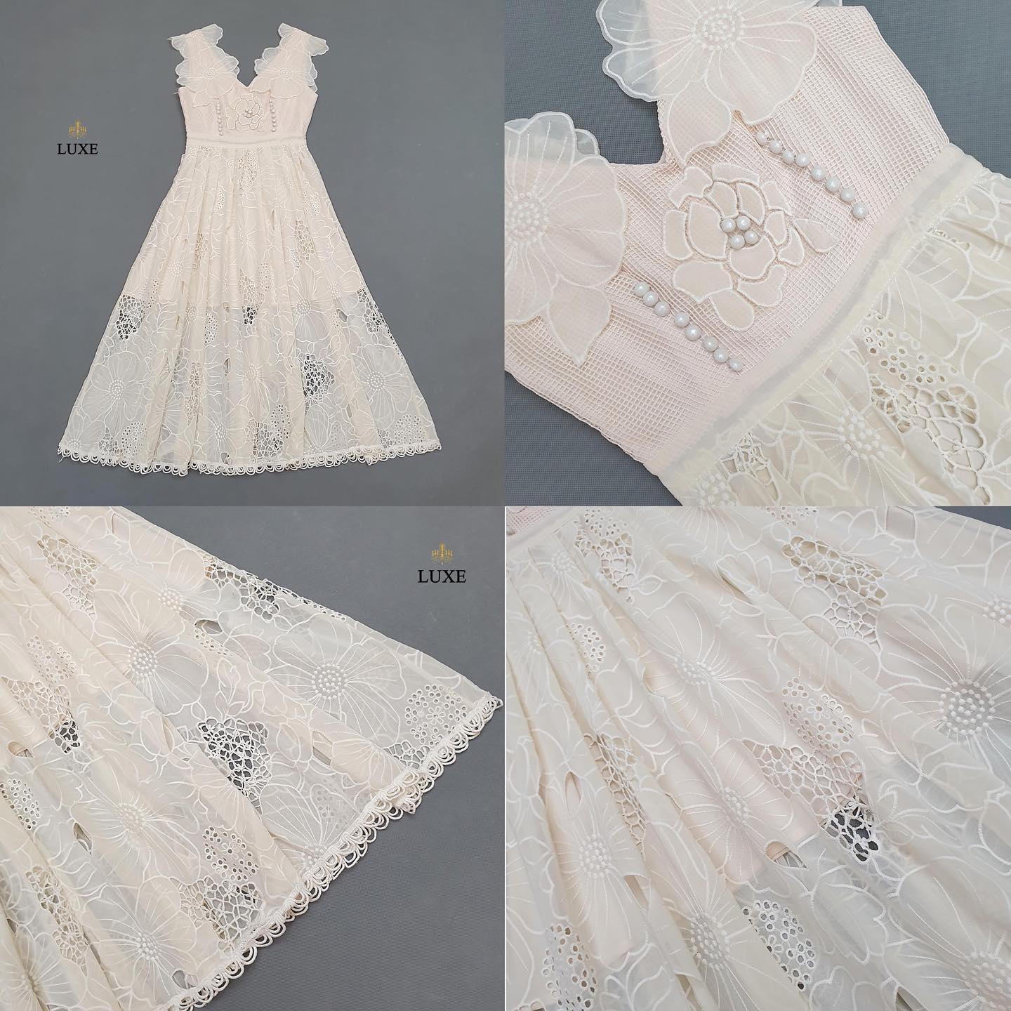 เดรสเสื้อคอวีแขนกุด กระโปรงบานจีบรอบ แต่งกระดุมปั๊มและผ้าฉลุรูปดอกไม้ สินค้าคุณภาพ (พร้อมส่ง)