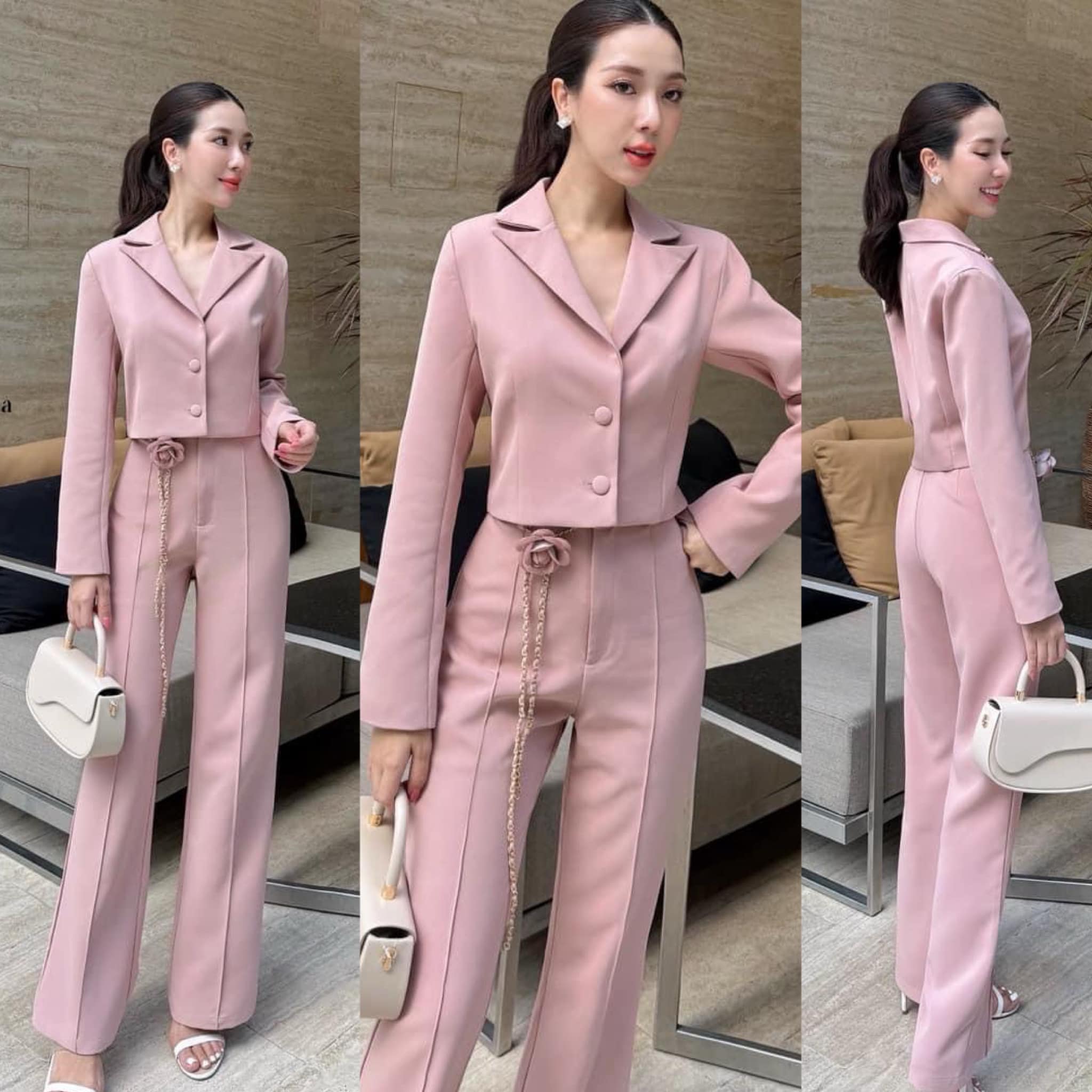 เซ็ทสูท Crop มาพร้อมกับเข็มขัดโซ่และดอกไม้ น่ารักมาก ใส่สบาย : สินค้าคุณภาพ (พร้อมส่ง)