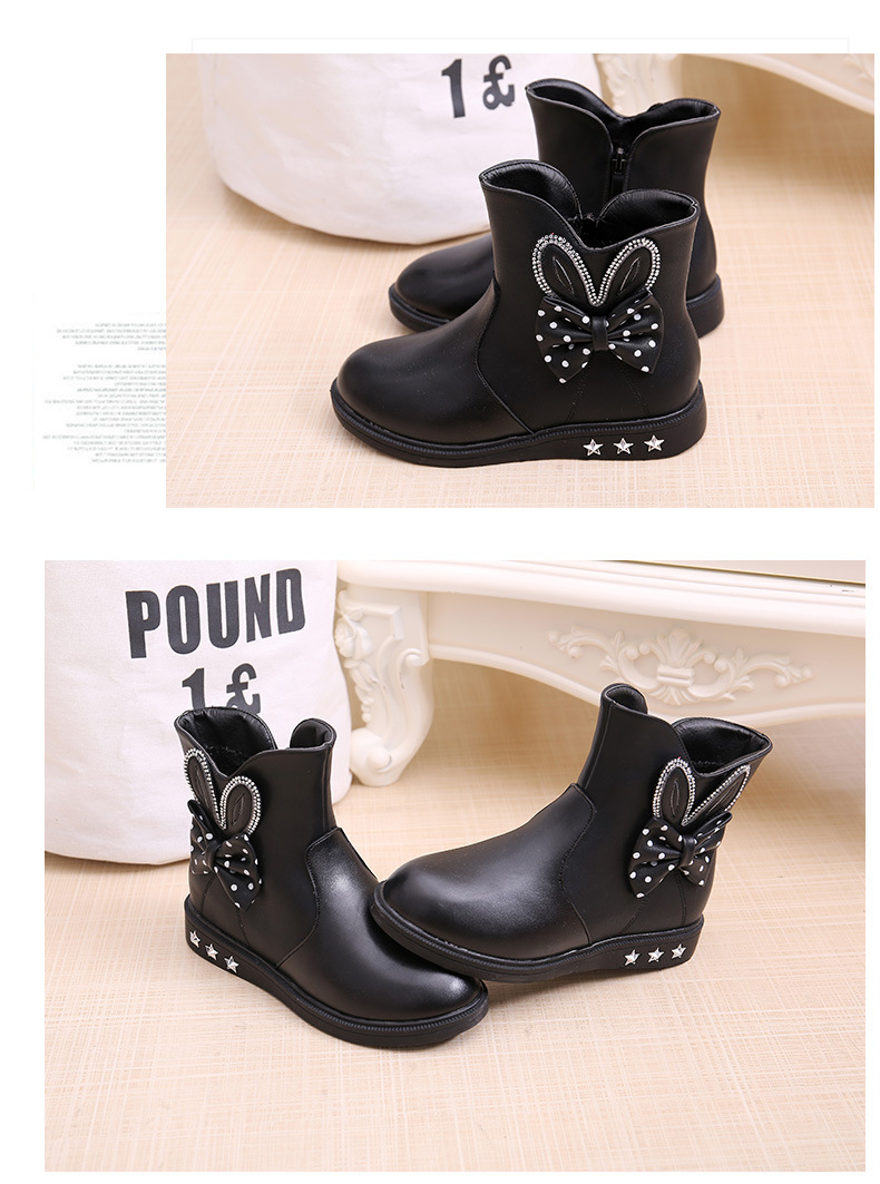 รองเท้าบู๊ทสั้นเด็กหญิง โบว์หูกระต่าย สีดำ มีซิปข้าง Size 27-37
