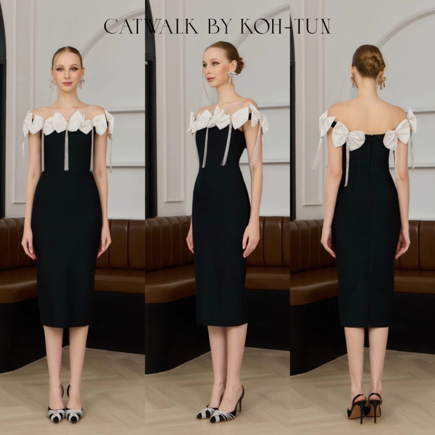 เดรสแต่งโบว์+สร้อยเพชร ตัวชุดเป็นผ้ายืดเนื้อหนาเก็บทรงสวย เพิ่มความหรูหราด้วยโบว์รอบไหล่ แต่งด้วยสร้อยเพชรตรงกลางโบว์ย้อยระย้าสวยมาก ใส่สบาย : สินค้าคุณภาพ (พร้อมส่ง)