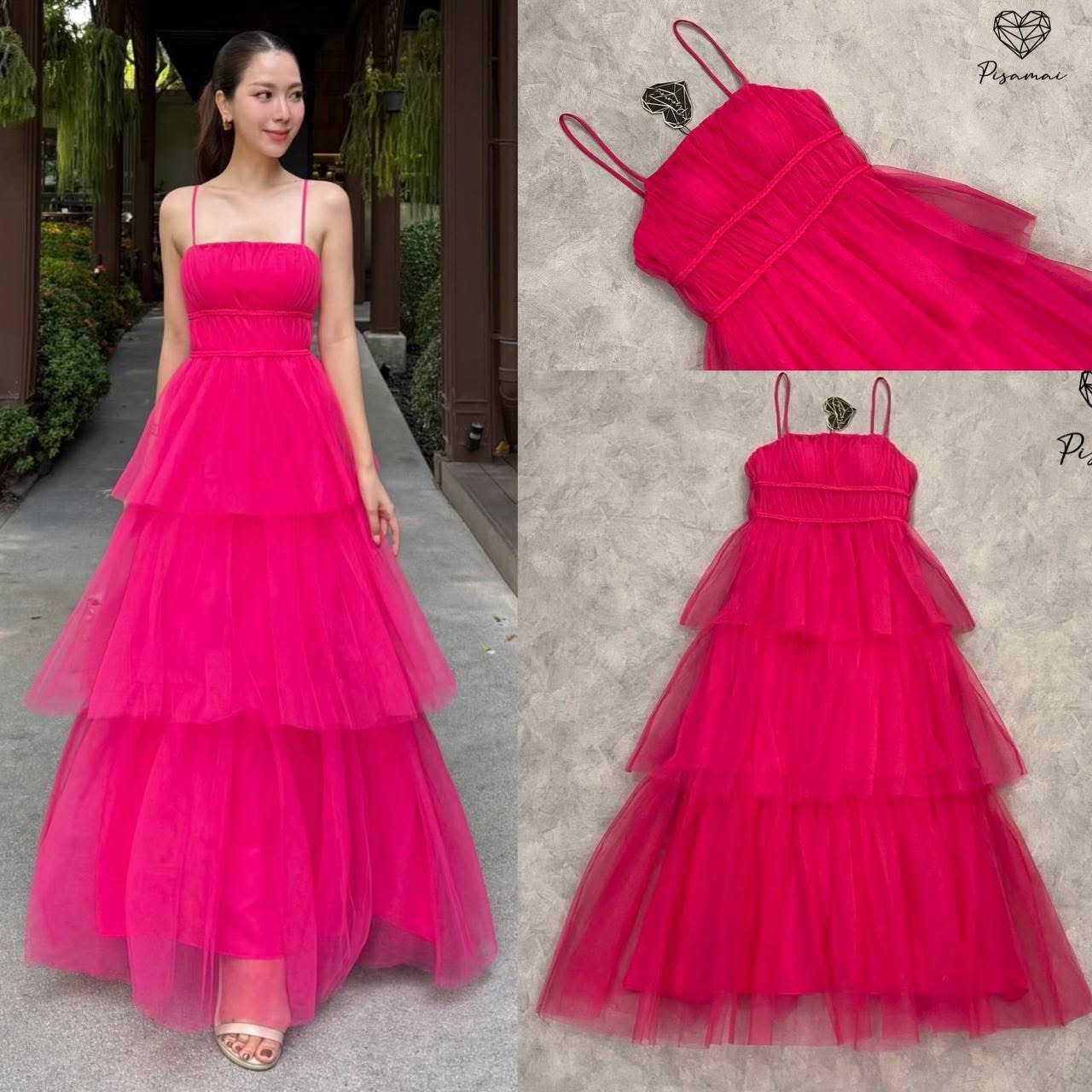 เดรสสายเดี่ยวสีชมพู ความกระโปรงเลเยอร์ฟูฟ่อง มานับพร้อมซับในให้อย่างดี ใส่สบาย : สินค้าคุณภาพ (พร้อมส่ง)