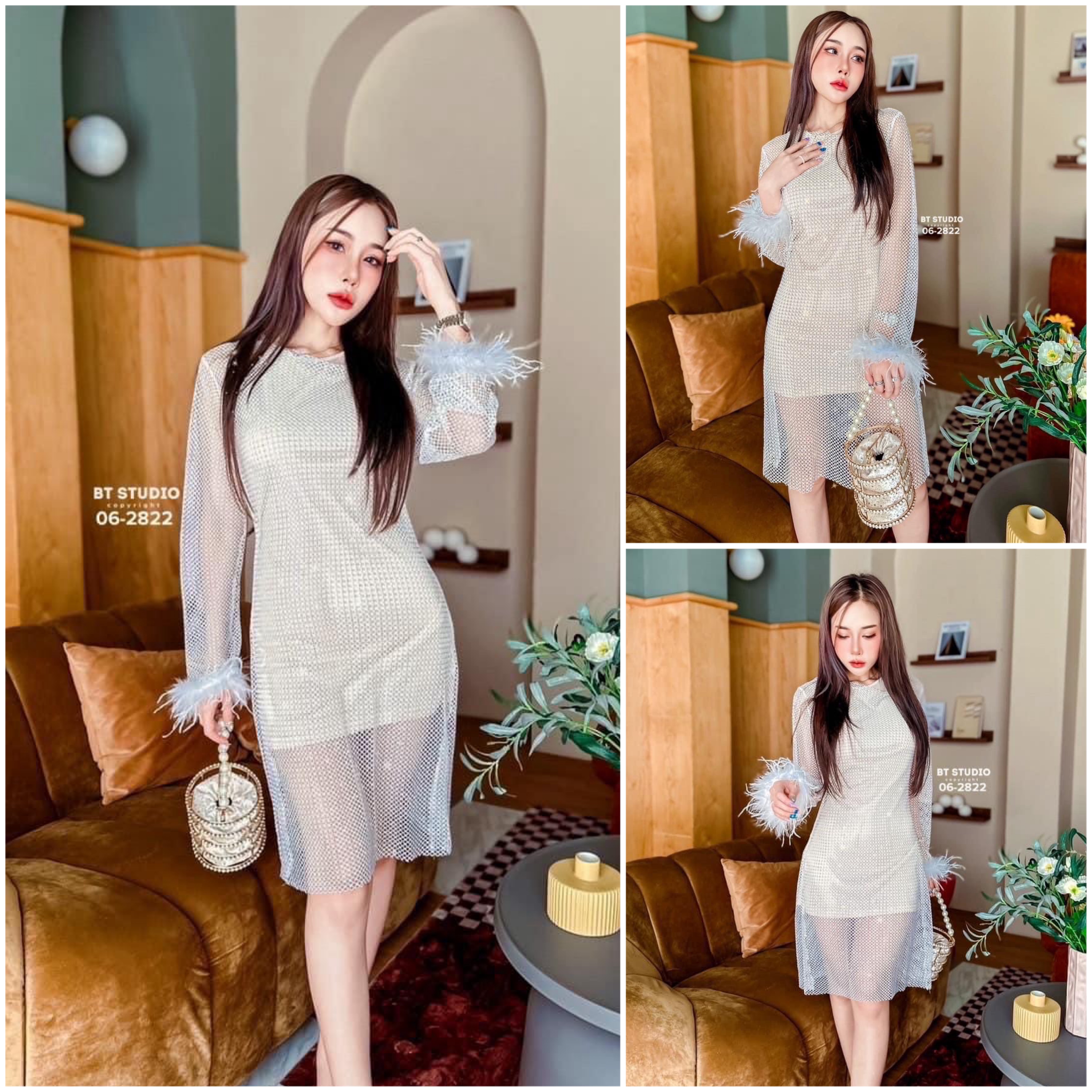 เซท 2 ชิ้น เดรสสั้นแขนยาว เนื้อผ้าตา ข่ายแต่งคริสตัลเม็ดเล็ก ๆ ทุก ๆ ช่อง งานสวยม๊าก ปลายชายแขนแต่งขนฟู ๆ ทั้งสองข้าง มาพร้อม ซับในสีนู๊ดแขนกุด ใส่สบาย : สินค้าคุณภาพ (พร้อมส่ง) สำเนา