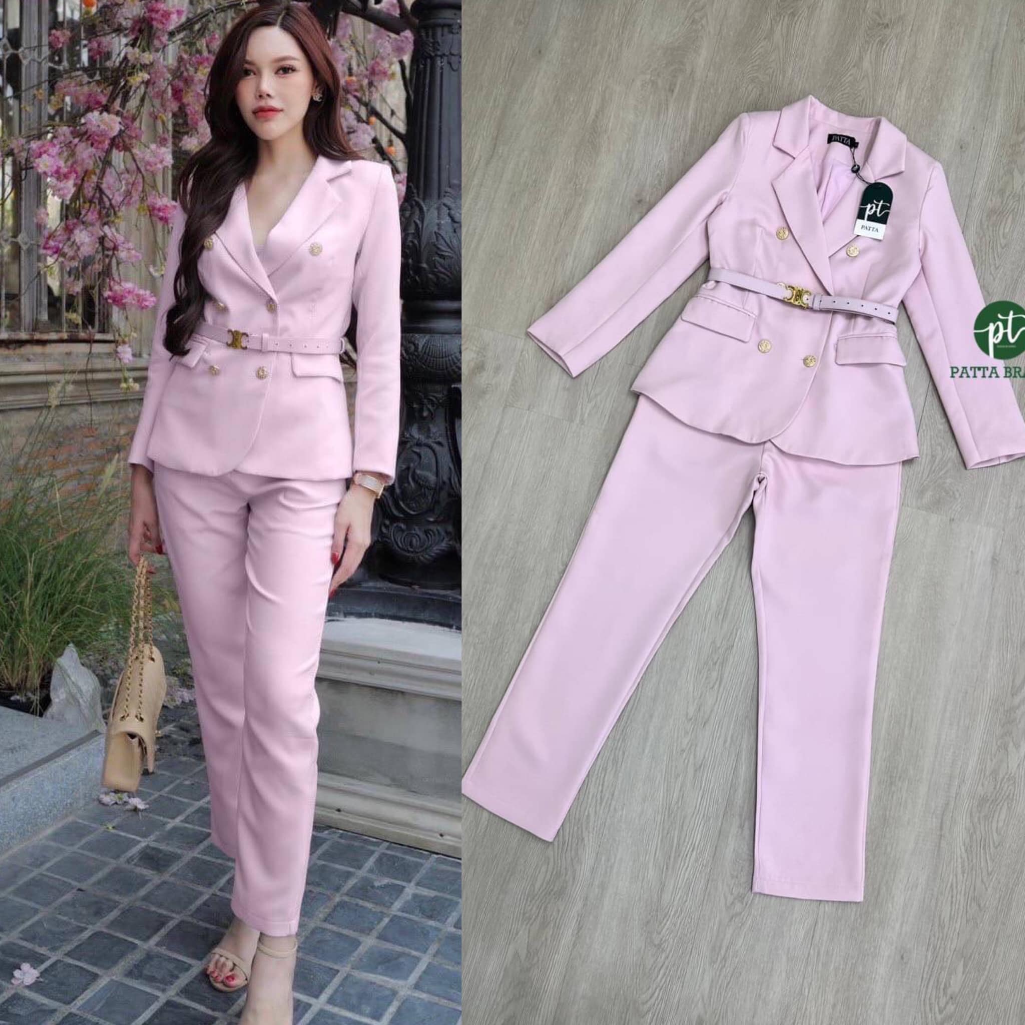 set สูท2ชิ้น เสื้อสูทคอปกแขนยาว แต่งกระดุมหน้าสีทองปั้มลาย 6 เม็ด มาพร้อมกับกางเกงขายาวสีเดียวกัน เพิ่ม เข็มขัดหัวสีทองใส่แมทเข้ากันมาก สินค้าคุณภาพ (พร้อมส่ง)