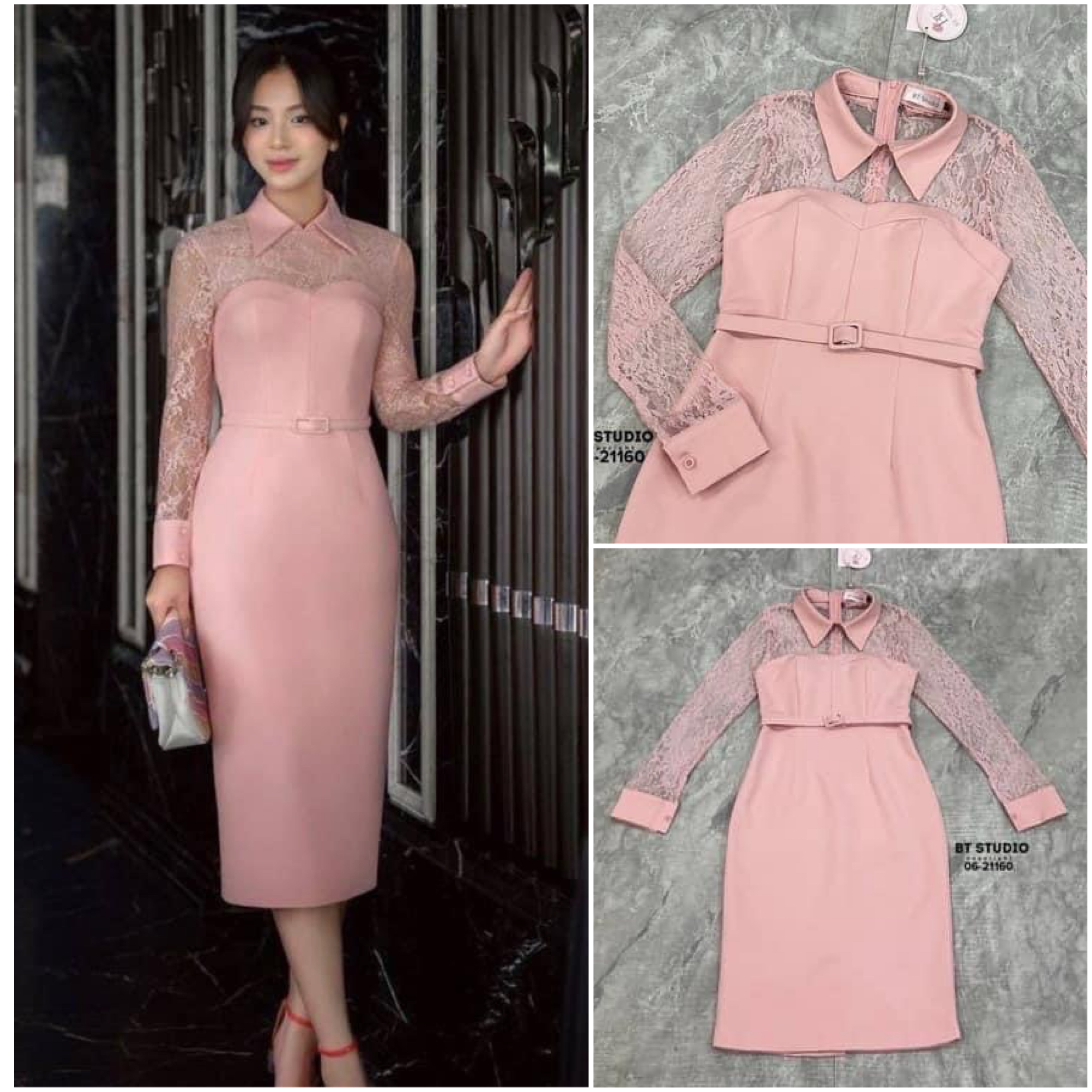 เดรสยาวดีไซส์ช่วงบนอกและแขนแต่งลายลูกไม้คอปกปลายแขนและลำตัวสีเรียบ มาพร้อมเข็มขัดเส้นเล็กสีเดียวกันกับตัวชุด ใส่สบาย : สินค้าคุณภาพ (พร้อมส่ง)