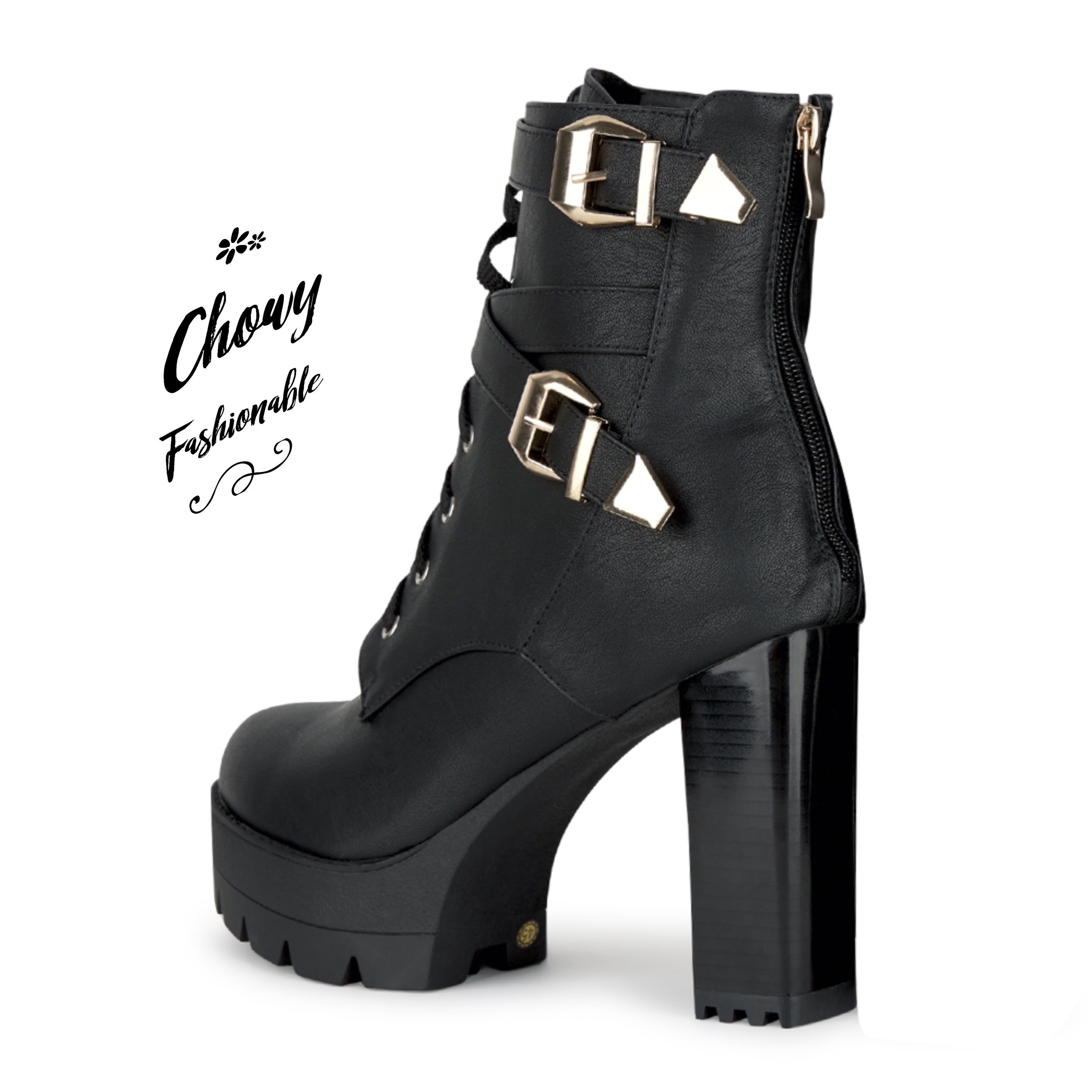 รองเท้าบูทไซส์ใหญ่ 39-48 ส้นหนาสูง 5 นิ้ว มัฟฟินส้นสูง คอสเพย์ สีดำ KR1093BL