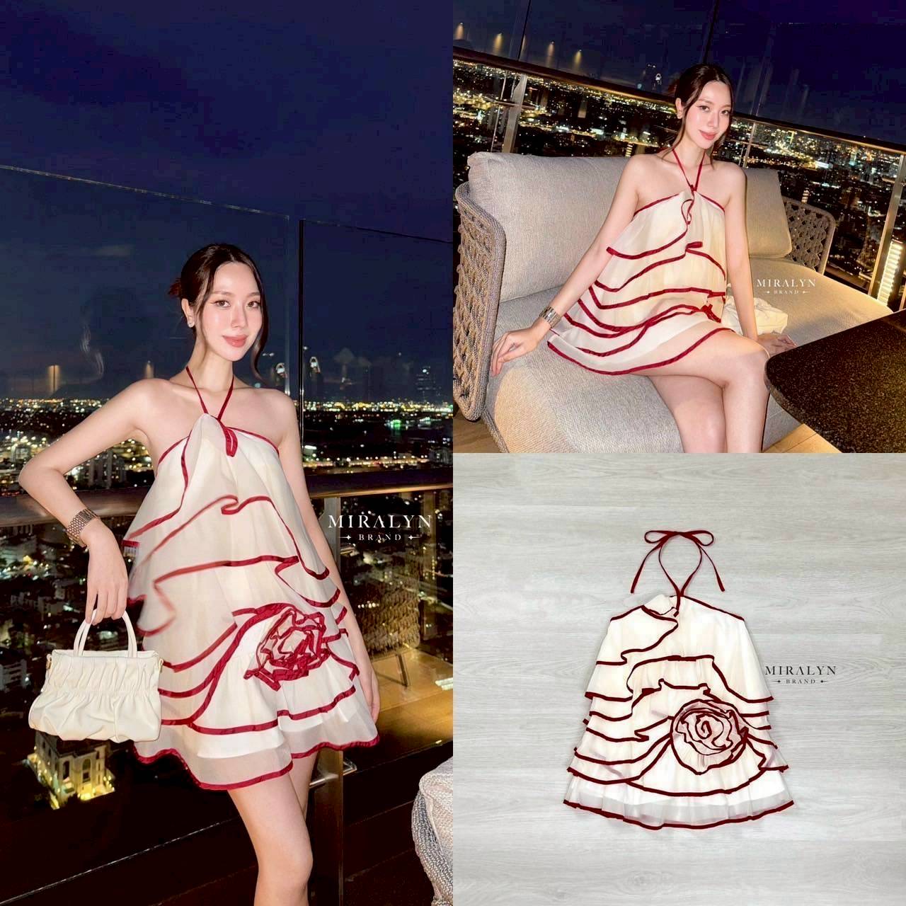 เดรสทรงระบายผูกสายคล้องคอผ้าซีทรูสีครีมแต่งขอบชายระบายสีแดงดีเทลเก๋แต่งระบายเป็นชั้นๆและแต่งดอกดอกไม้ ใส่สบาย : สินค้าคุณภาพ (พร้อมส่ง)