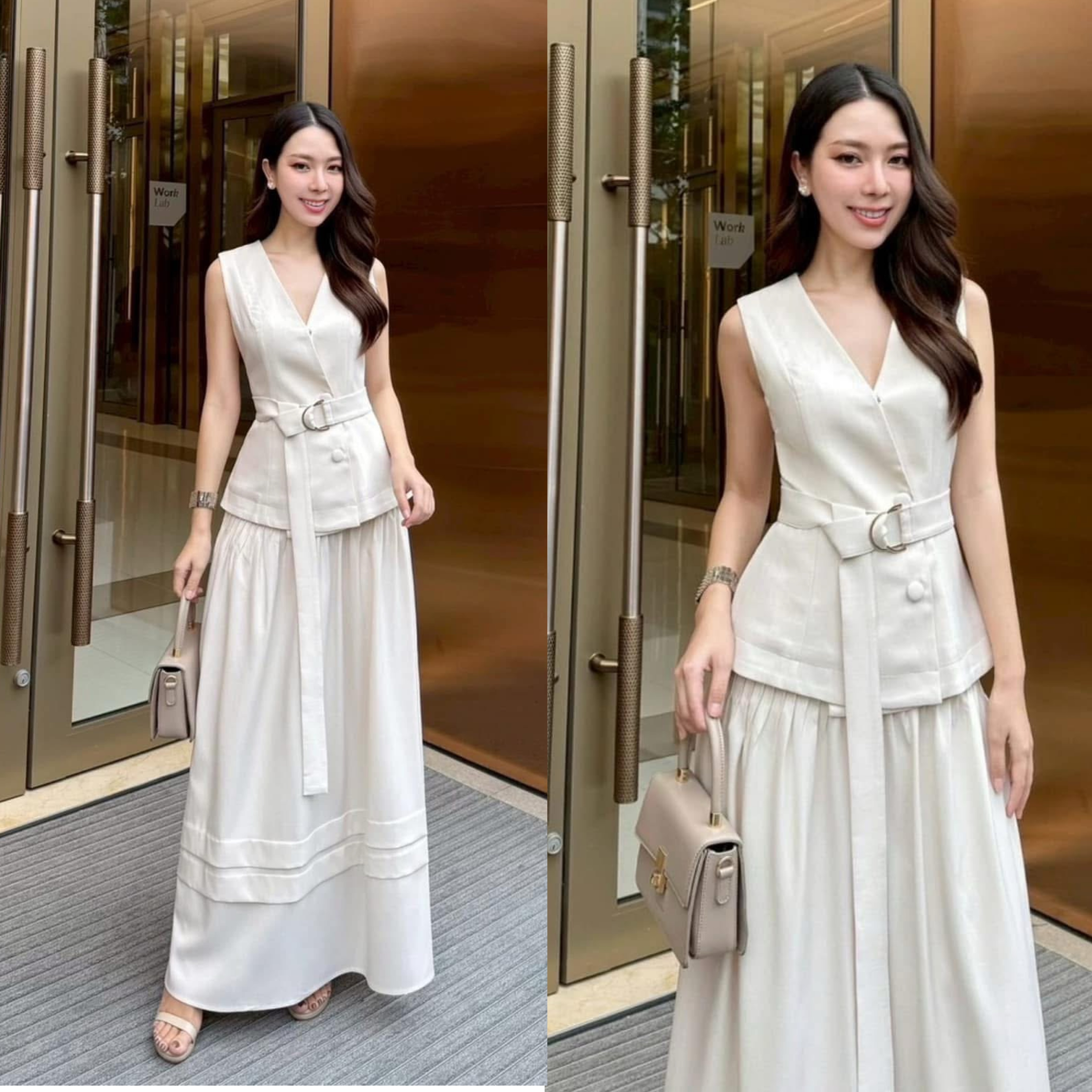 เซตเสื้อดีไซน์ไขว้แมทช์คู่กับกระโปรงยาวเย็บตีเกล็ดดีเทลแน่นๆ ใส่สบาย : สินค้าคุณภาพ (พร้อมส่ง)