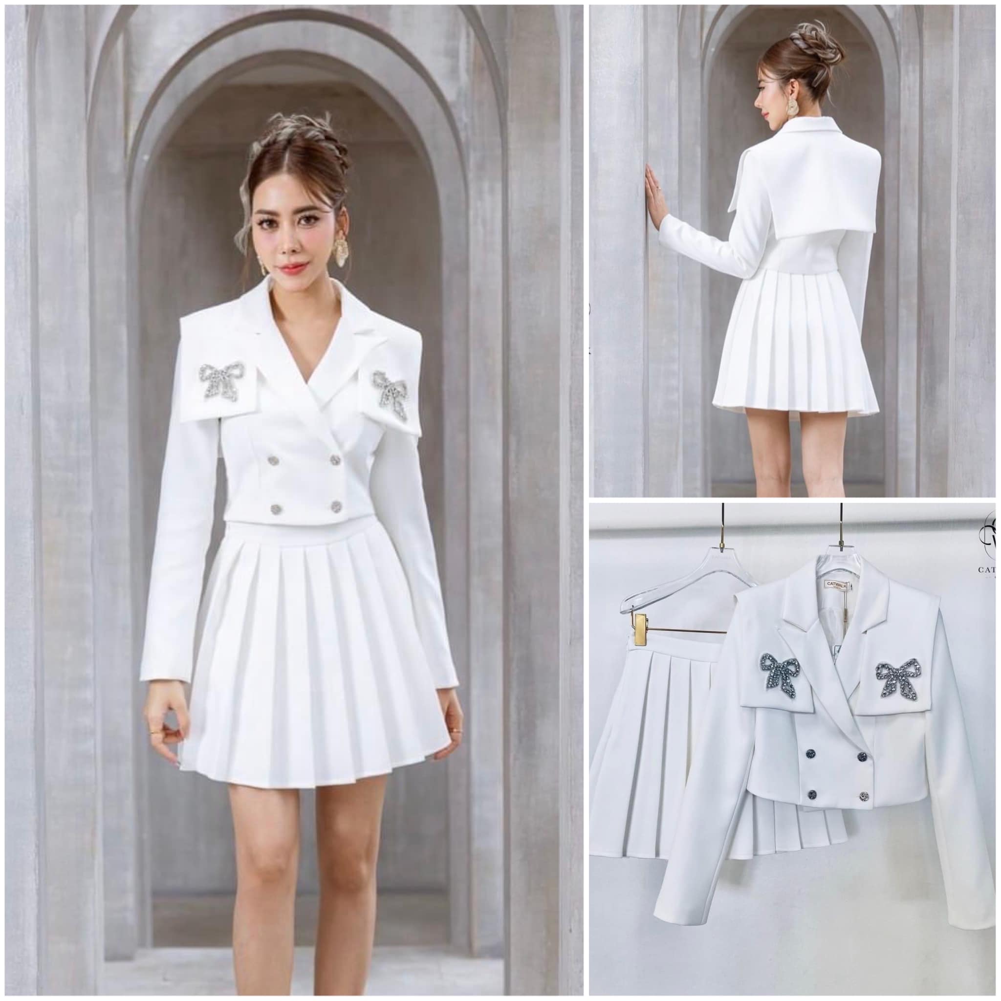 เซตเสื้อครอปสูทแต่งโบว์เพชร+กระโปรง จีบรอบ เนื้อผ้าเกรดเอ ใส่สบาย สินค้าคุณภาพ (พร้อมส่ง)