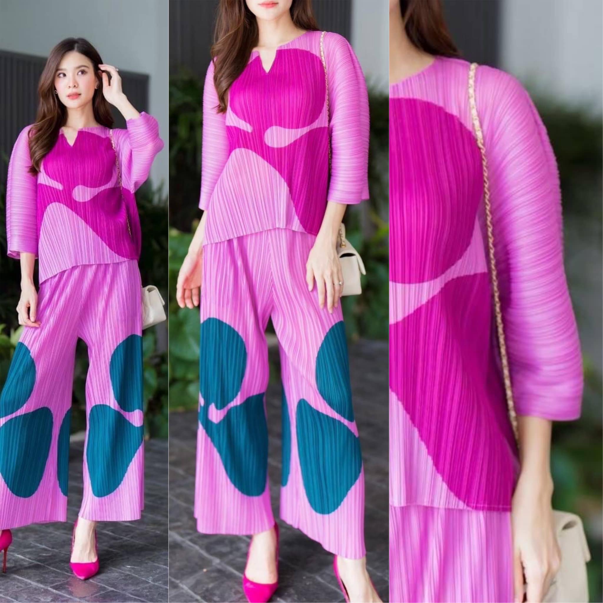 ชุดเซตผ้าอัดพลีทลอน เสื้อ+กางเกงขายาว เนื้อสวย ไฮโซววแบบงาน Brand ใส่สบาย สินค้าคุณภาพ (พร้อมส่ง)