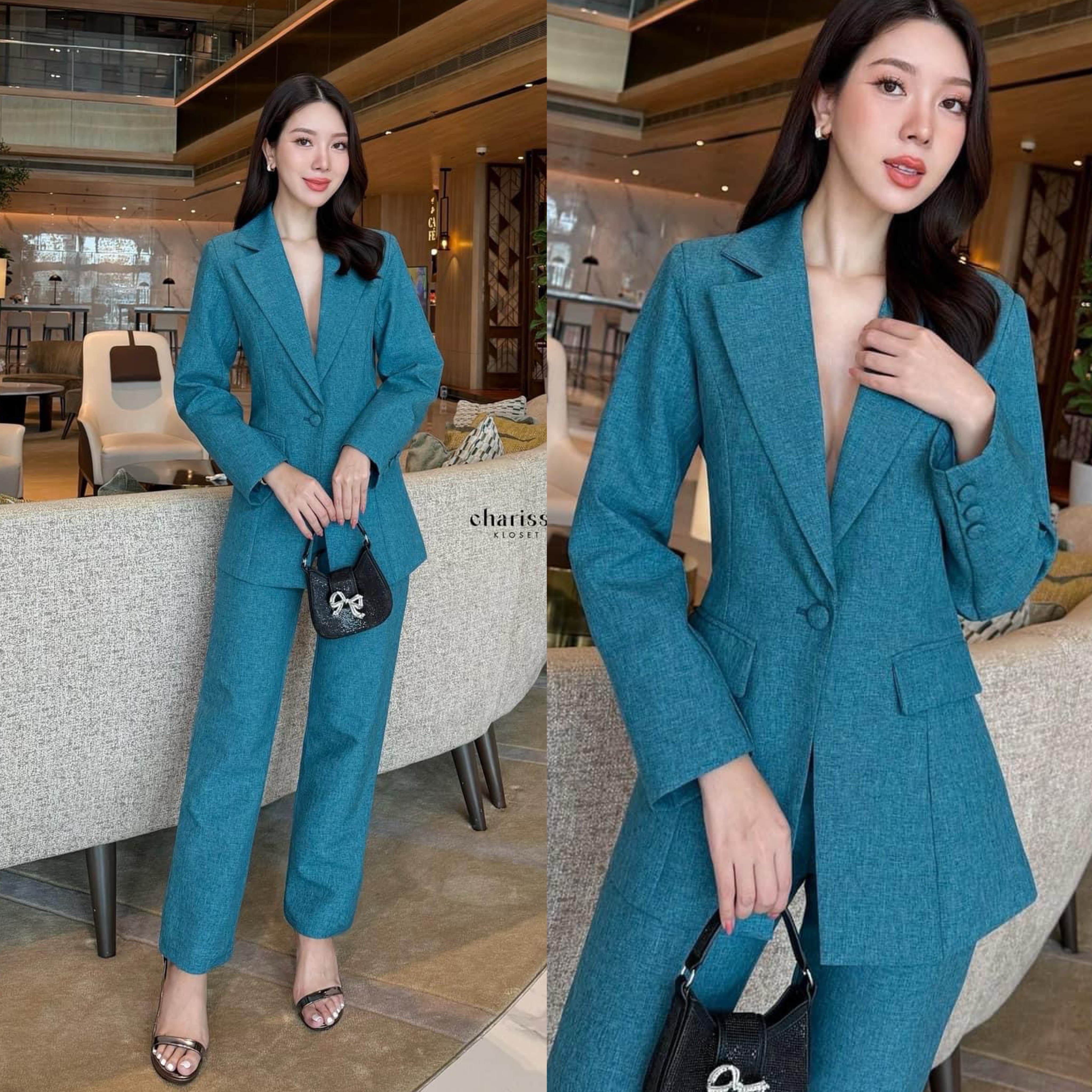 ชุดสูทเรียบหรู สวยคลาสสิค เสื้อสูทมีซับในอย่างดี แต่งกระดุมปั้มผ้าเดียวกับสีชุด +กางเกงขายาวทรงกระบอก ล็กใส่สบายๆ ใส่สบาย : สินค้าคุณภาพ (พร้อมส่ง)