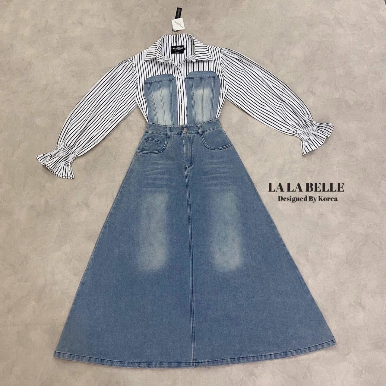 เซต2ชิ้น เสื้อเชิ้ตลายริ้วกระดุมหน้าแขนยาวปลายแขนจั้มช่วงอกเสื้อแต่งเป็นผ้ายีนฟอง ทรงเสื้อเชิ้ตเกาหลีสุดๆใส่คู่กับกระโปรงยีนส์ฟอกทรงบานเจ้าหญิงทรงสวยมาก ใส่สบาย : สินค้าคุณภาพ (พร้อมส่ง)