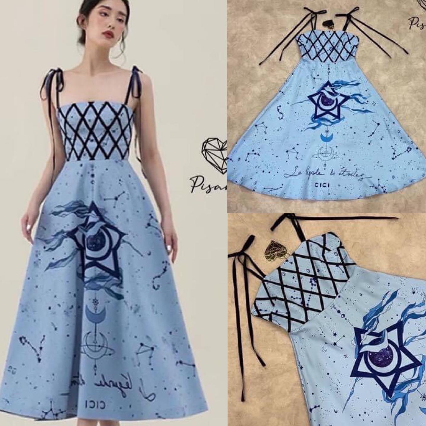 เดรสสายเดี่ยวตัวยาวทรงกระโปรง บานสีฟ้า แต่งเชือกสานไขว้สีดำ แต่งลาย กราฟฟิกน่ารักๆ สินค้าคุณภาพ (พร้อมส่ง)