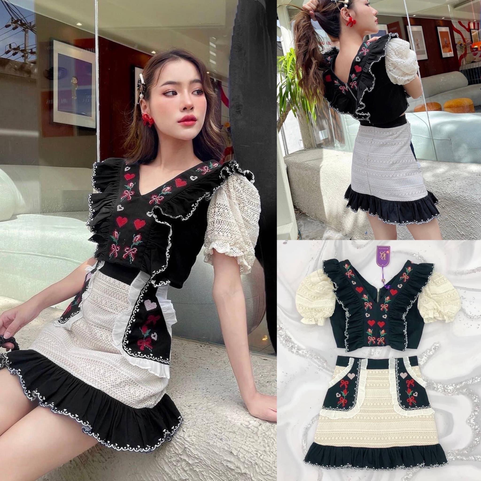 เซ็ต 2 ชิ้นเสื้องานปัก + กระโปรงลูกไม้พรีเมียม โทนดำครีมดูเรียบหรูดูแพงมาก สินค้าคุณภาพ (พร้อมส่ง)