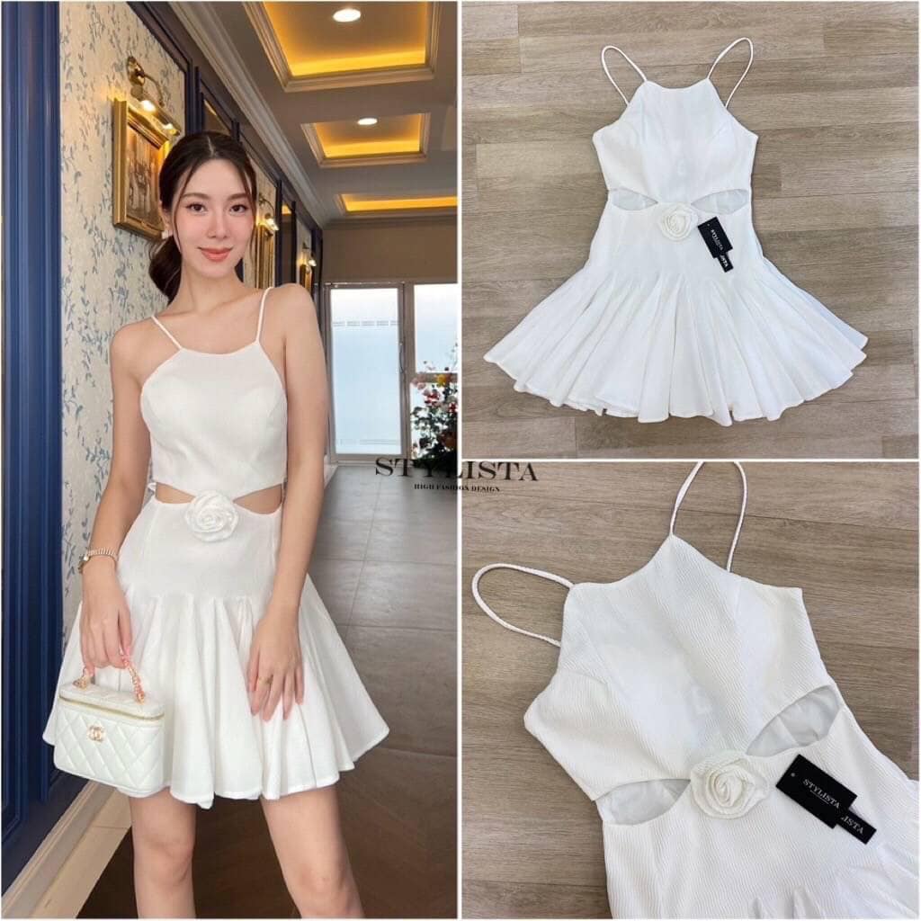 เดรสเว้าเอว กระโปรงจับจีบพริ้วๆ ใส่สวย ติดดอกไม้ แต่งริ้วระบายยาวด้านหน้าได้ หลายโอกาส ใส่สบาย สินค้าคุณภาพ (พร้อมส่ง)