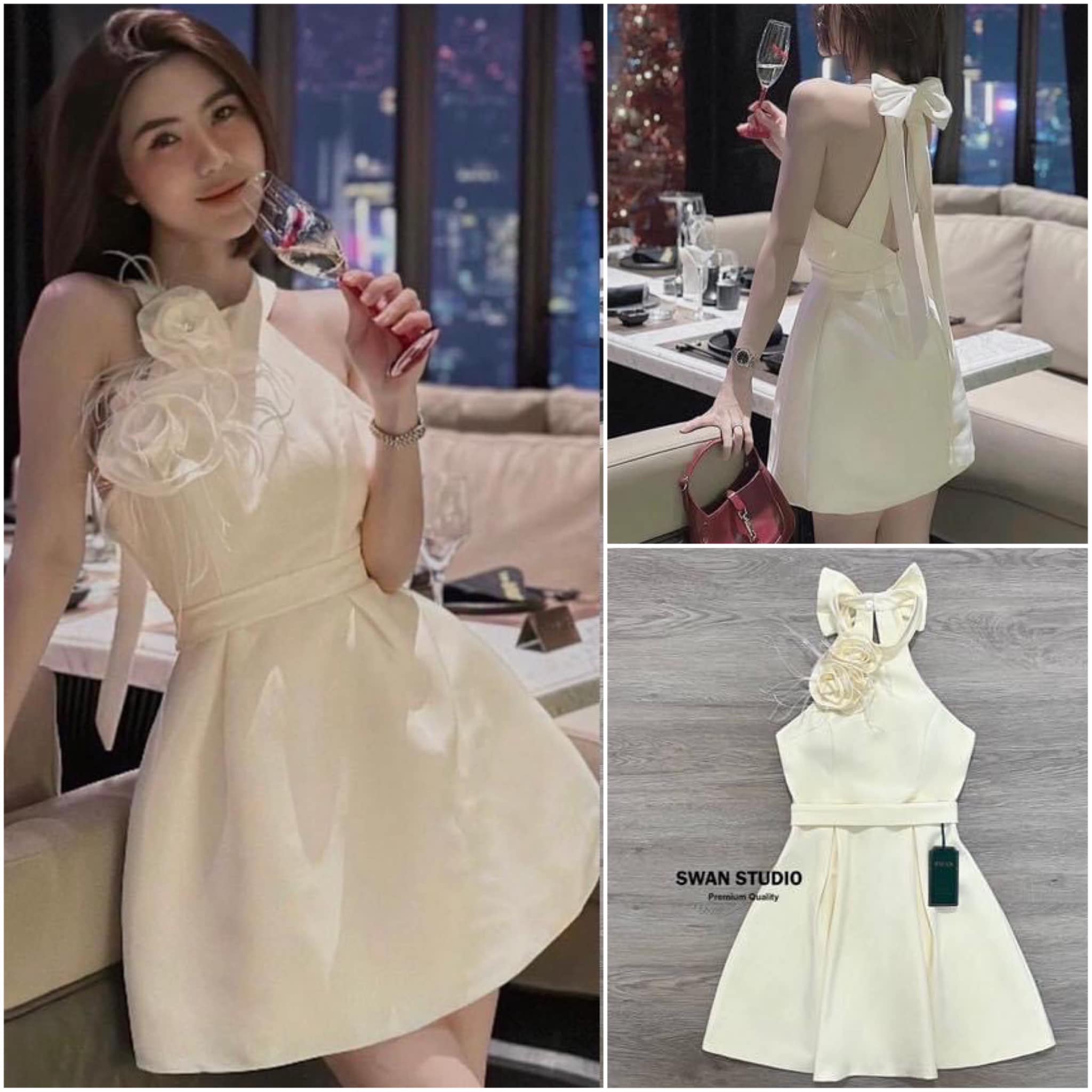 มินิเดรสสีครืม แต่งดอกไม้ตรงอก ด้านหลังเปิดแต่งโบว์ อกมีเสริมฟองน้ำ ใส่ได้หลากหลายโอกาส สินค้าคุณภาพ (พร้อมส่ง)