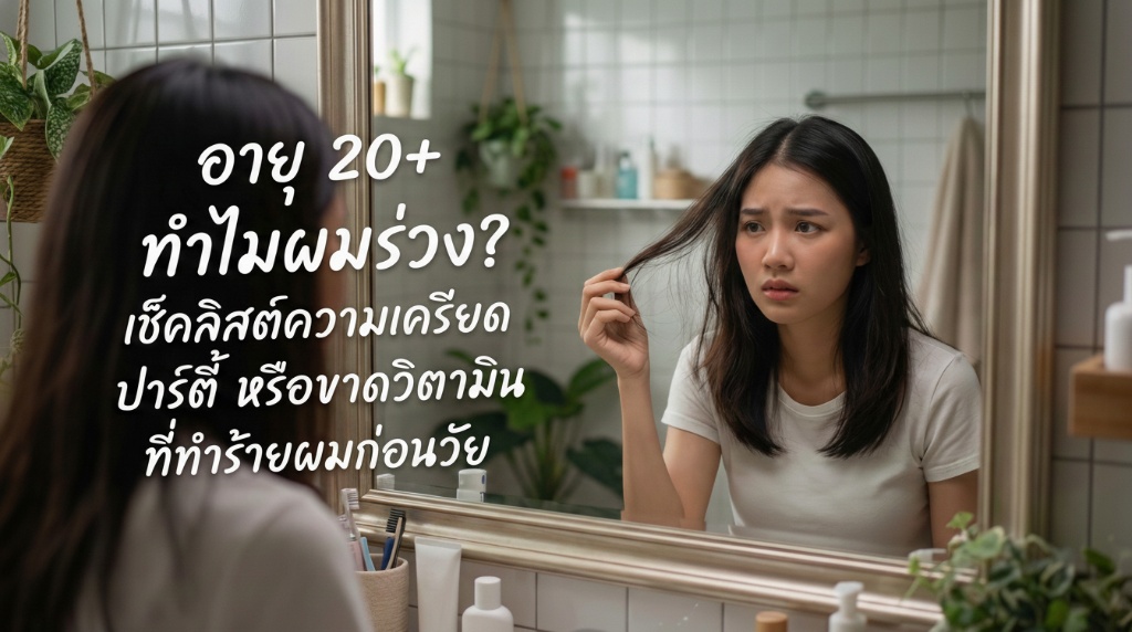 หญิงสาววัย 20 ปลายๆ กังวลเรื่องปัญหาผมร่วงหน้ากระจก พร้อมข้อความ อายุ 20+ ผมร่วงแล้วหรอ