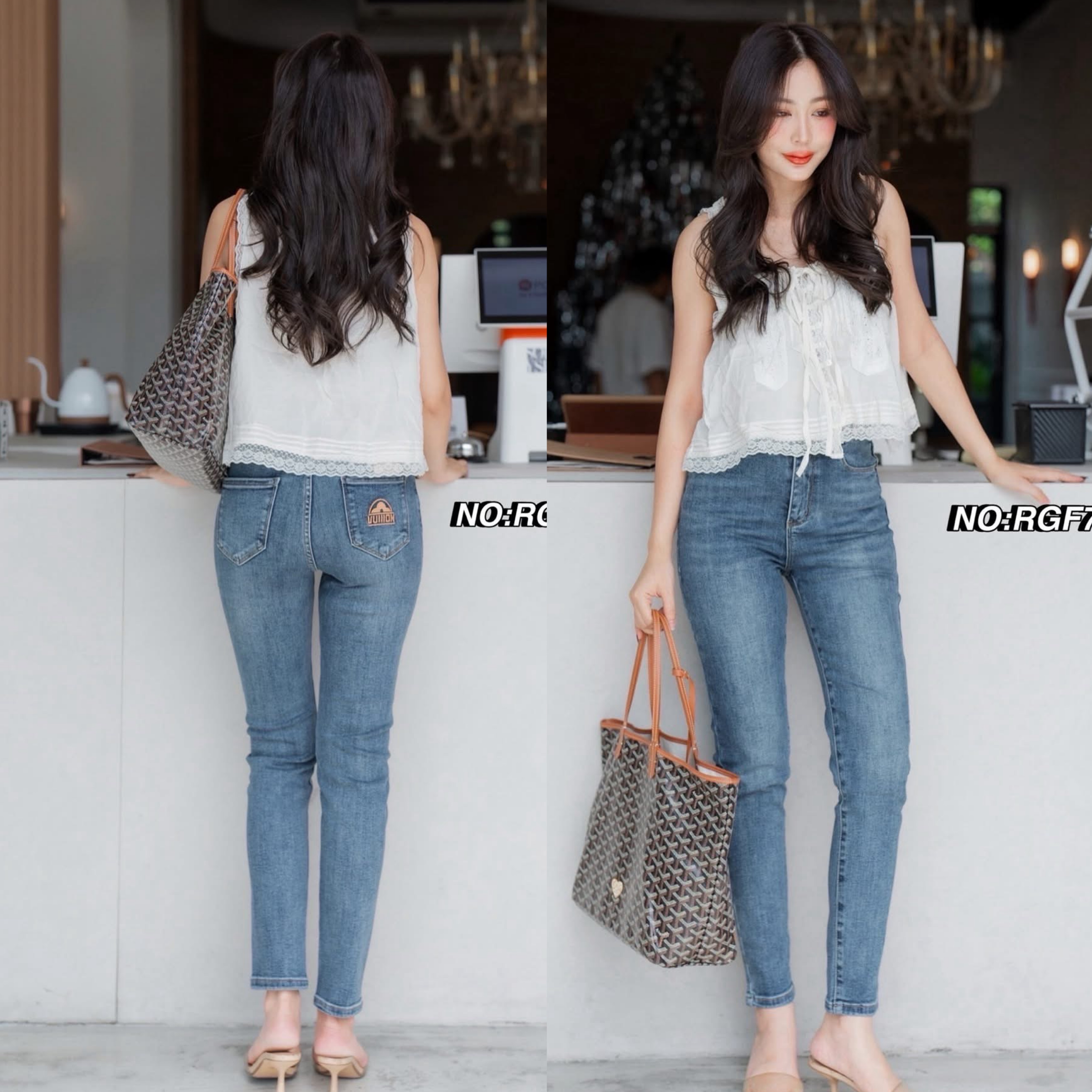 กางเกงยีนส์ยืดขายาว ทรงเอวสูงงง ดีไซน์ทรงเรียบๆ ตรงกระเป๋าหน้าหลังข้างหนึ่งโลโก้เก๋มาก ป้ายหนังดูแพงสุดๆ ผ้ายืดใส่สบาย ใส่แล้วขาเรียวได้รูป ใส่สบาย : สินค้าคุณภาพ (พร้อมส่ง)