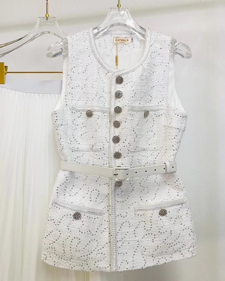 เซตเสื้อผ้า ทวิตกระดุมเพชร+กระโปรงผ้าตาข่ายอัดพลีท เนื้อผ้าทวิตเกรดเอ ใส่สบาย สินค้าคุณภาพ (พร้อมส่ง)