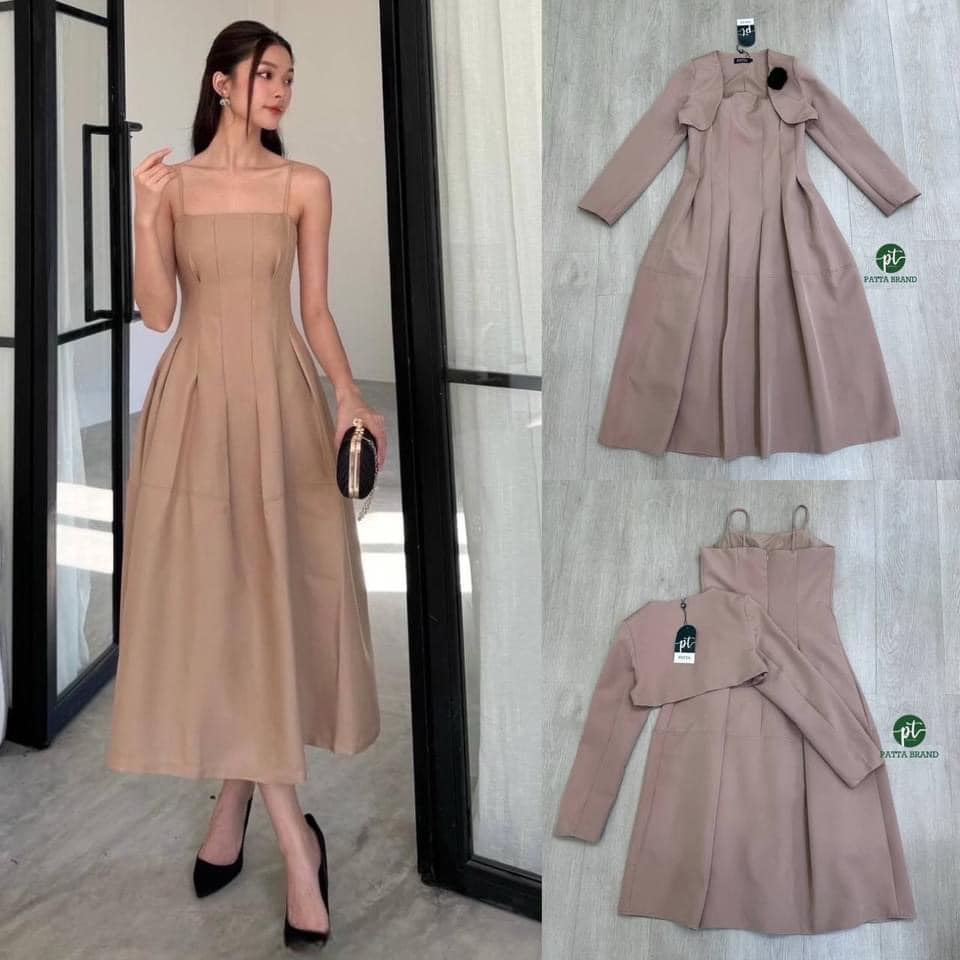 Set 2 ชิ้น สีน้ำตาลเดรสสายเดี่ยว ดีไซน์สวยอกเย็บเสริมฟองน้ำ ตัวเดรสทรงพอง (มีซิปหลัง) +คลุมไหล่ตัวสั้นสีเดียวกัน มีเข็มกลัดดอกไม้ ครบเซตเกร๋ๆ ใส่สบาย สินค้าคุณภาพ (พร้อมส่ง)