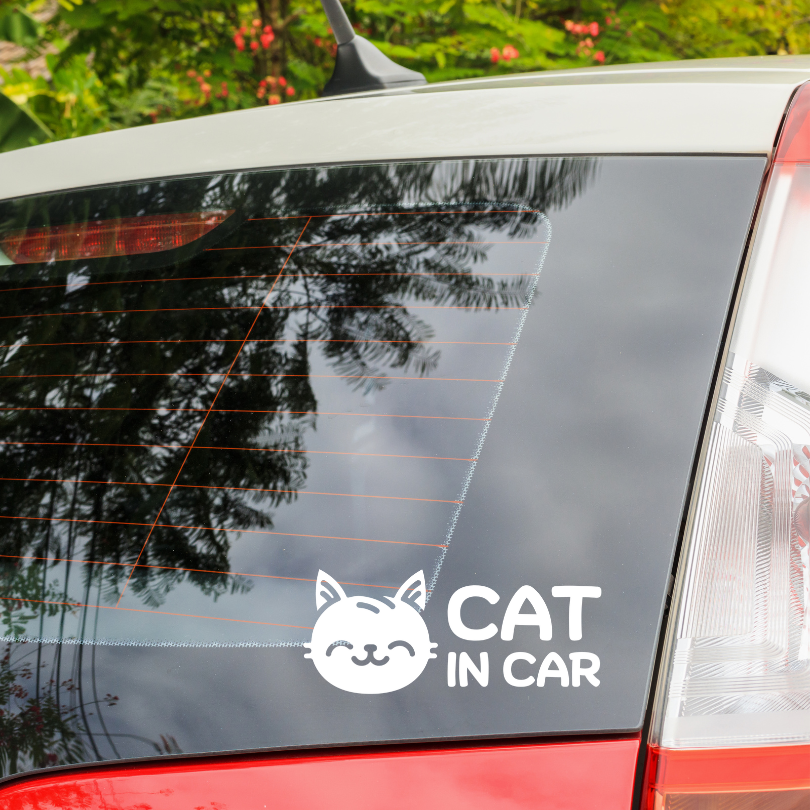 สติ๊กเกอร์ Cat in Car ในรถมีแมว PVC OUTDOOR กันน้ำ ไดคัทสีขาว น่ารัก