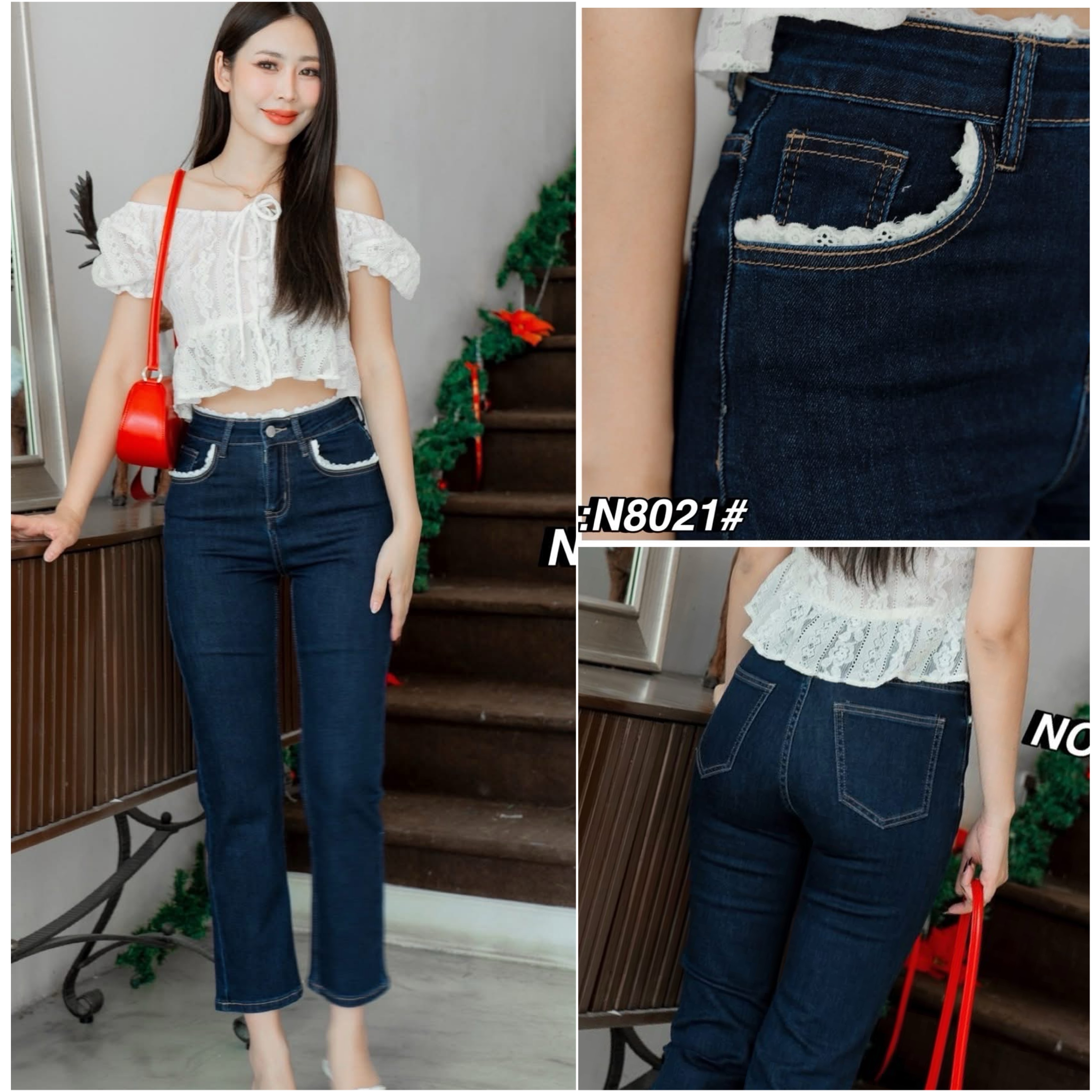 กางเกงยีนส์ขา8ส่วน ทรงขาตรง เอวสูงงง ผ้ายีนส์ยืดเนื้อดีมาก นิ่มสุดๆ ฟอกสีเข้มสวย ดีเทล ช่วงเอว กระเป๋าหน้าเก๋มากๆ ใส่สบาย : สินค้าคุณภาพ (พร้อมส่ง)