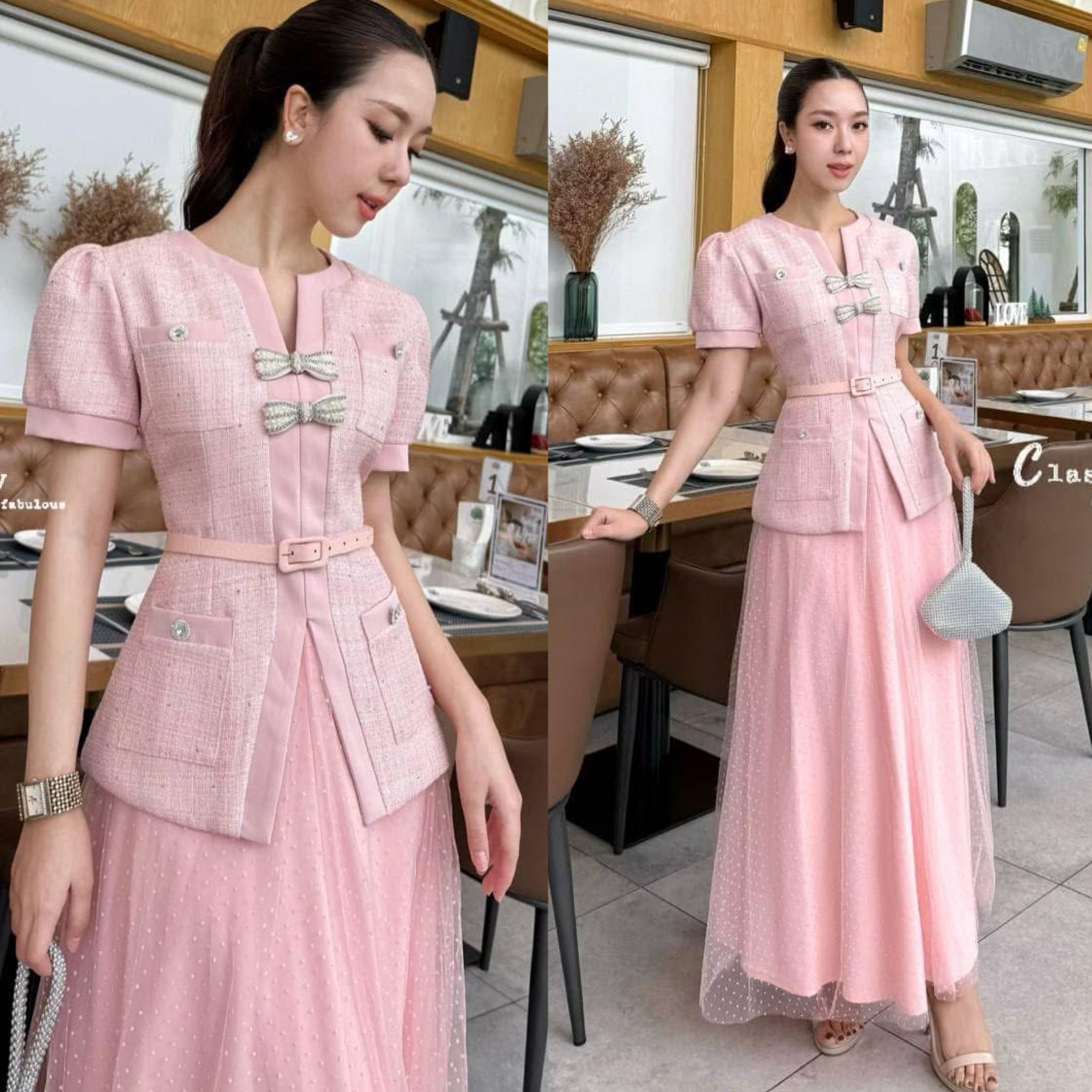 Set เสื้อผ้าทวิต designเก๋ หรูหรา คอวี มีเข็มกลัดมุกรูปโบว์ และเข็มขัดคุ้มค่า luxury สุด ใส่สบาย : สินค้าคุณภาพ (พร้อมส่ง)