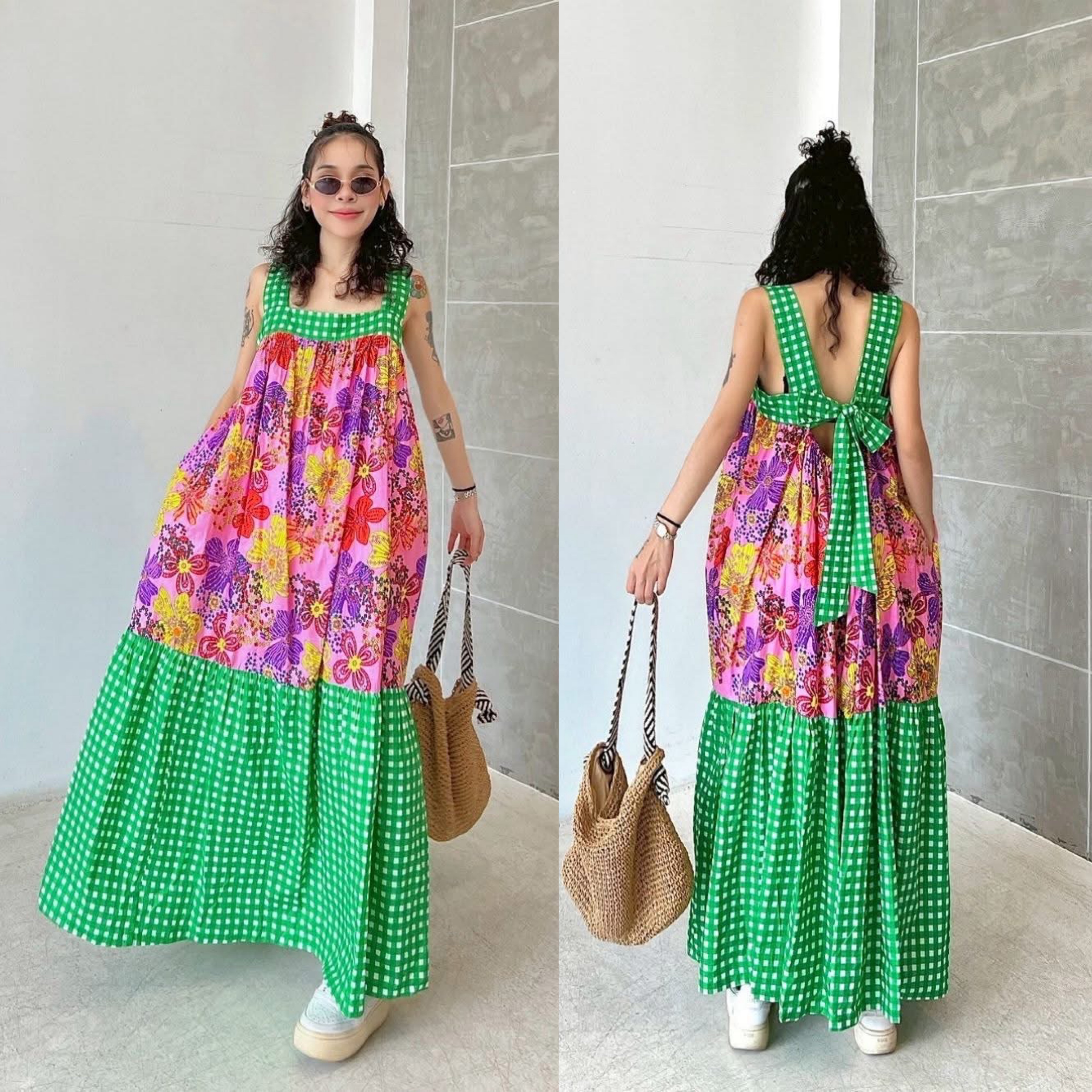 เอี๊ยมกระโปรง ผ้าบล็อคคอทตอลอินเดีย ดีไซน์ผูกโบว์หลัง ระบายชายตัดต่อลาย งานมีสม็อคหลัง+กระเป๋าล้วง ใส่สบาย : สินค้าคุณภาพ (พร้อมส่ง)