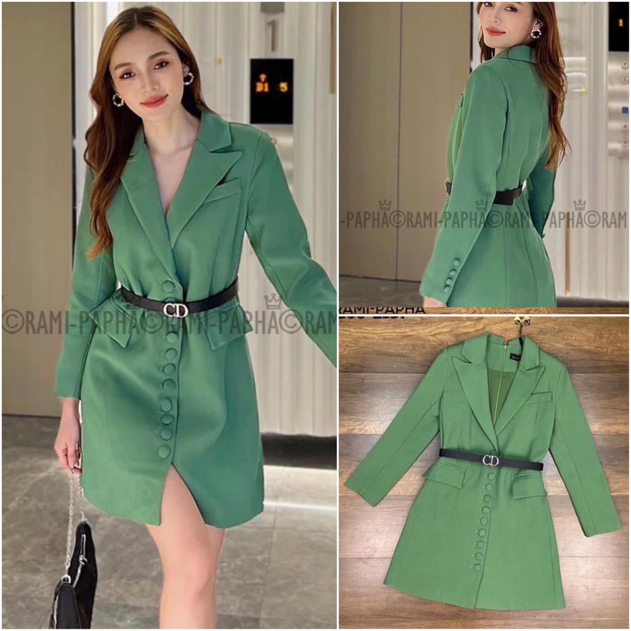 เดรส+เข็มขัด เดรสทรงสูทแขนยาว กระเป๋าหน้ากับกระดุมหน้าใช้งานได้จริง ไหล่เสริมฟองน้ำ ให้ดูสง่า สินค้าคุณภาพ (พร้อมส่ง)