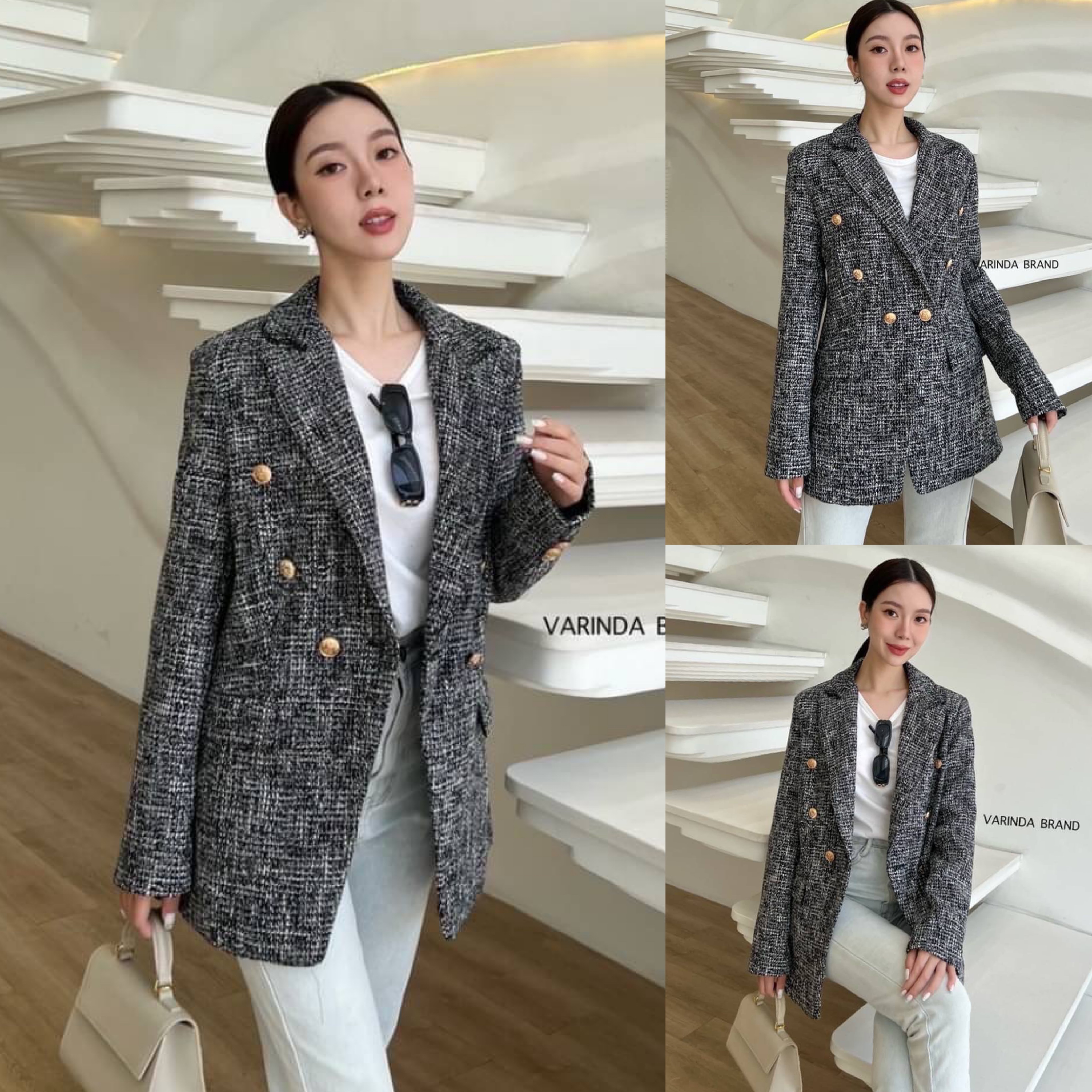 Blazer สีดำแถบขาว ผ้าพรีเมียมทวิต สวยคลาสสิค : สินค้าคุณภาพ (พร้อมส่ง)