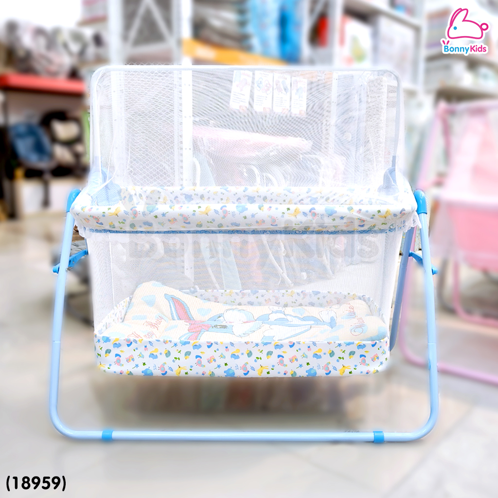 (18959) เปลไกวเด็ก พร้อมเบาะนอนและมุ้ง Size M พับเก็บได้ ล็อคไกวได้ (2สี)