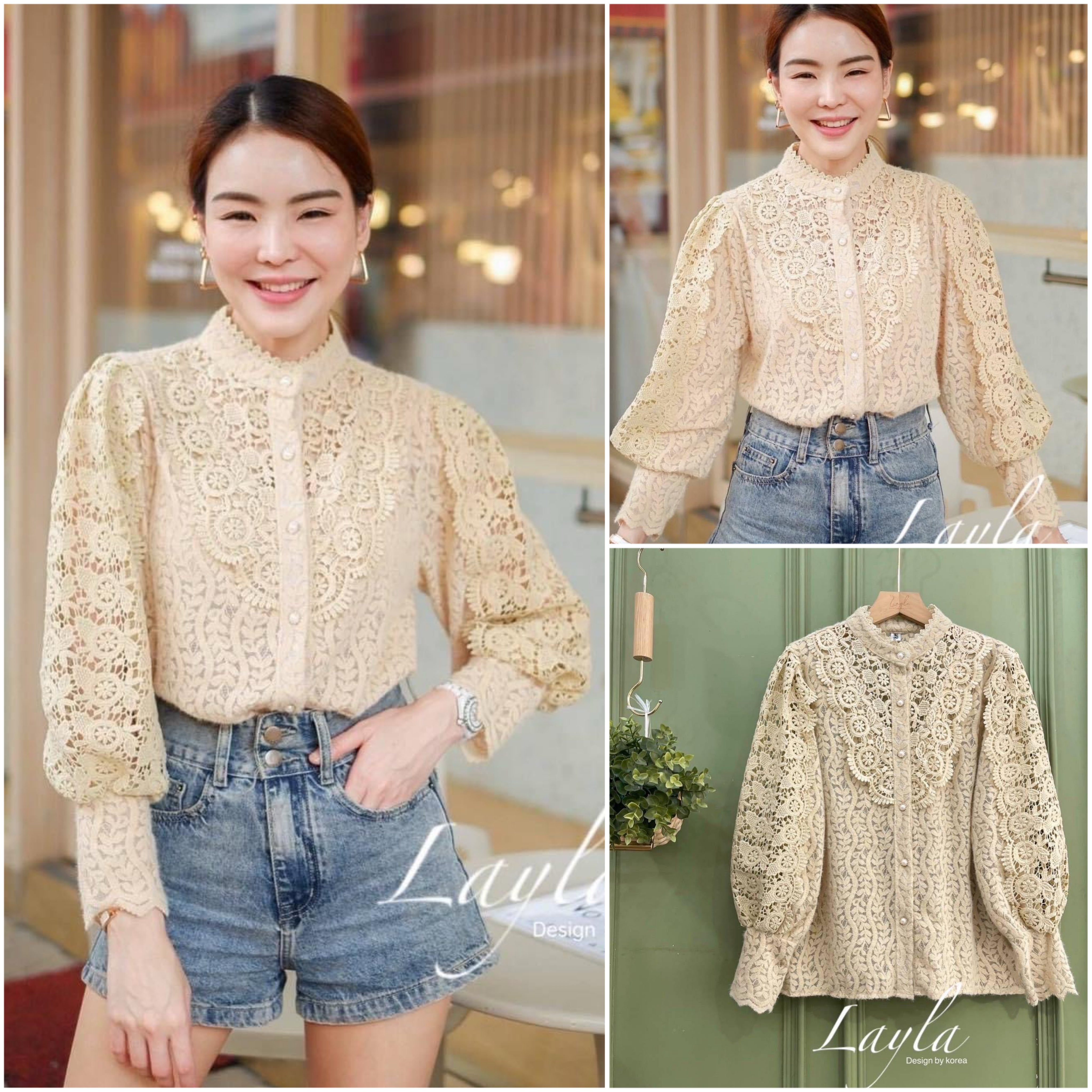 เสื้อลูกไม้สวยหรู ทรงเชิ้ตคอปิดกระดุม มุกหรูหรา ผ้าลูกไม้เนื้อนุ่มใส่สบาย ใส่สบาย : สินค้าคุณภาพ (พร้อมส่ง)