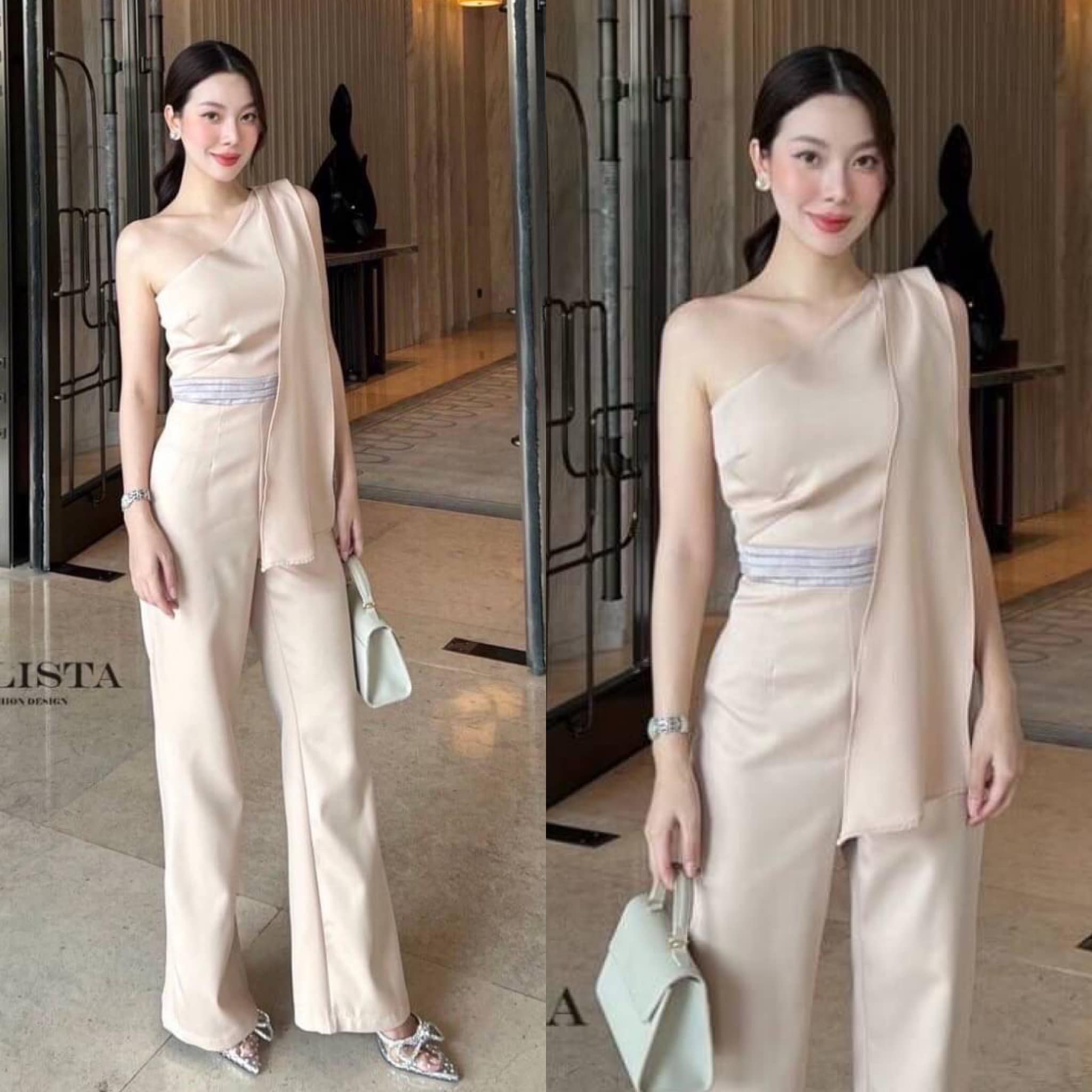 จั้มสูทไหล่เฉียง มีสะไบด้านข้าง ทรงพอดีตัว ใส่สวยเรียบหรูมาก สินค้าคุณภาพ (พร้อมส่ง)