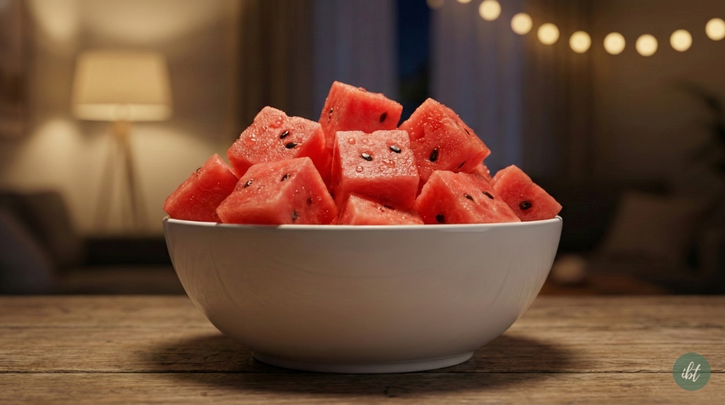 แตงโมหั่นชิ้นในถ้วย มื้อเย็นแคลอรี่ต่ำ