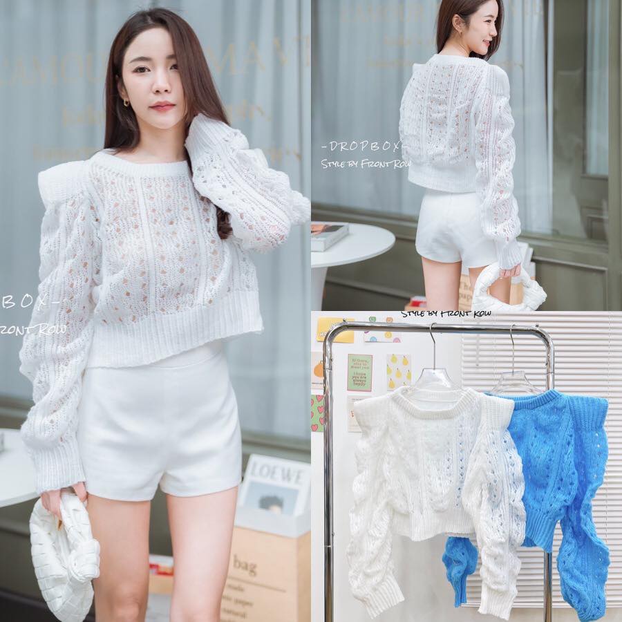 เสื้อไหมพรมถักเเขนยาว แต่งไหล่ตั้งๆ ทรงน่ารักใส่สบายๆ : สินค้าคุณภาพ (พร้อมส่ง)