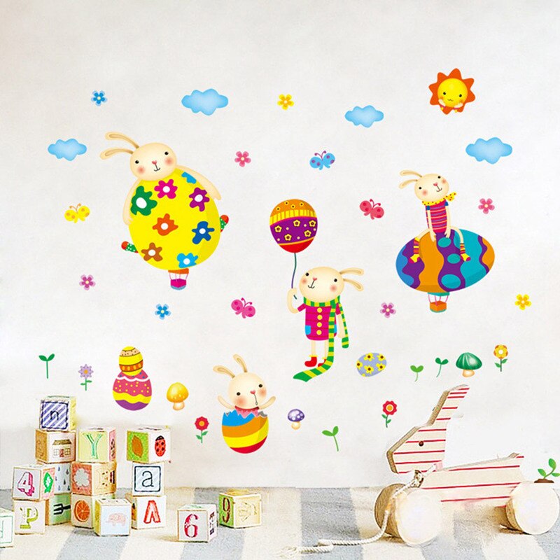 สติ๊กเกอร์แต่งห้อง DIY รูปกระต่ายขี่บอลลูน ลอกออกแล้วติดซ้ำได้