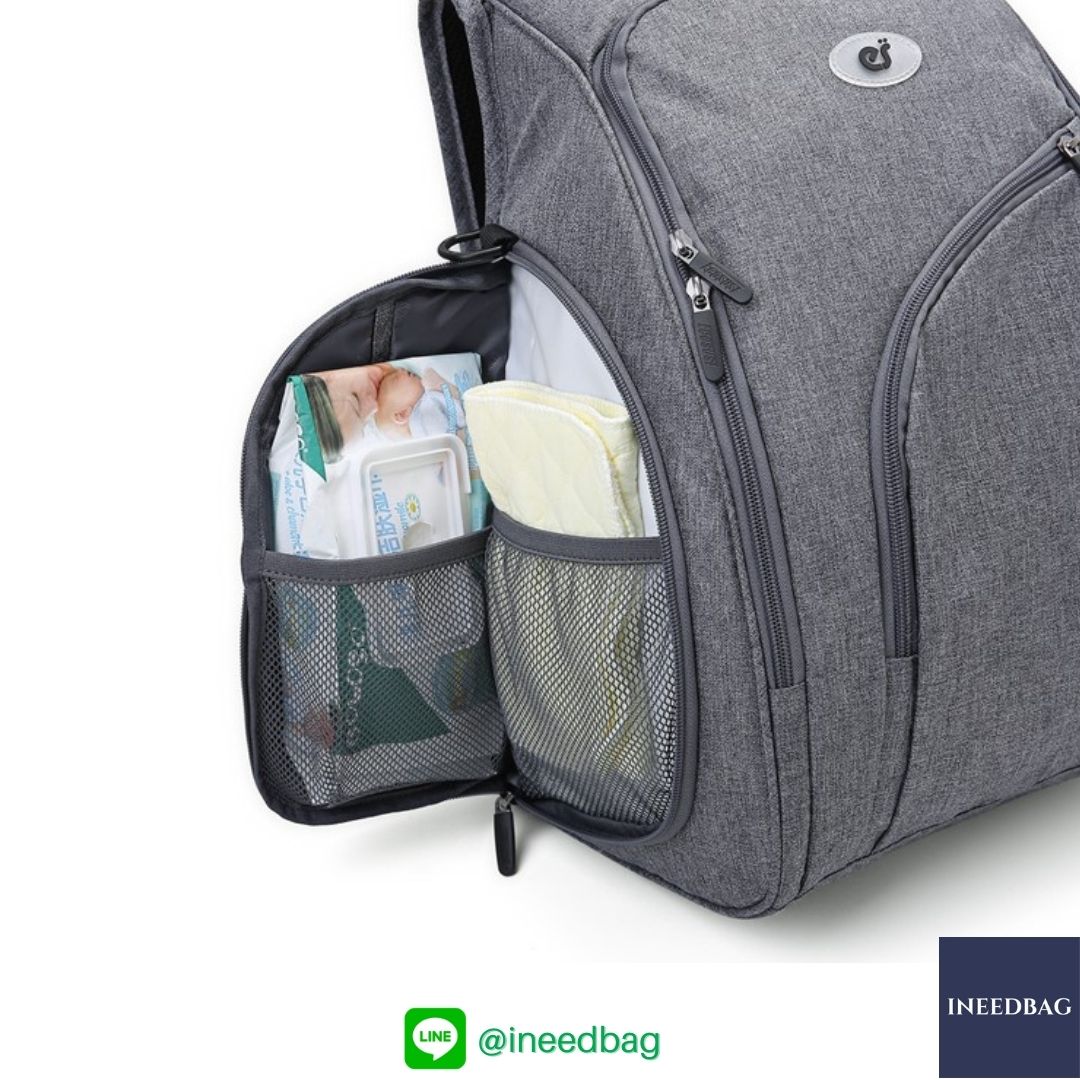 Ecosusi กระเป๋าคุณแม่, กระเป๋าสัมภาระคุณแม่, กระเป๋าแม่ลูกอ่อน แบบเป้ มาพร้อมแผ่นรองเปลี่ยนผ้าอ้อม, ช่องเก็บความร้อน-เย็น (New Version Grey) + Wet Pocket + Wipe Pocket
