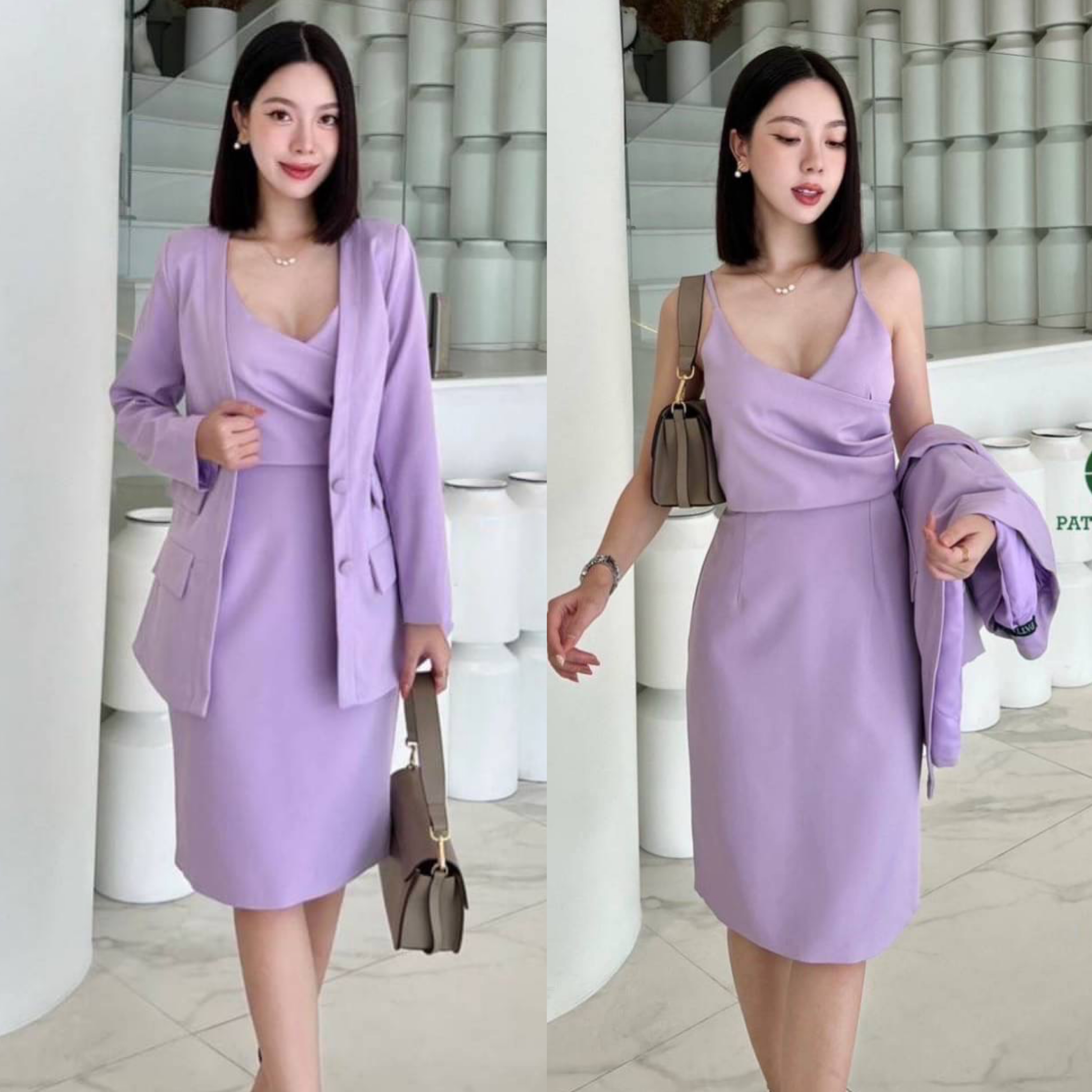 Setสูท 3 ชิ้น เสื้อคลุมแขนยาว+เสื้อครอปสายเดี่ยวอกเสริมฟองน้ำจับจีบข้าง+กระโปรงคุมเข่า ซิปหลัง/ดีไซน์ผ่าหลัง ทรงสวยเขารูปเป๊ะ สินค้าคุณภาพ (พร้อมส่ง)