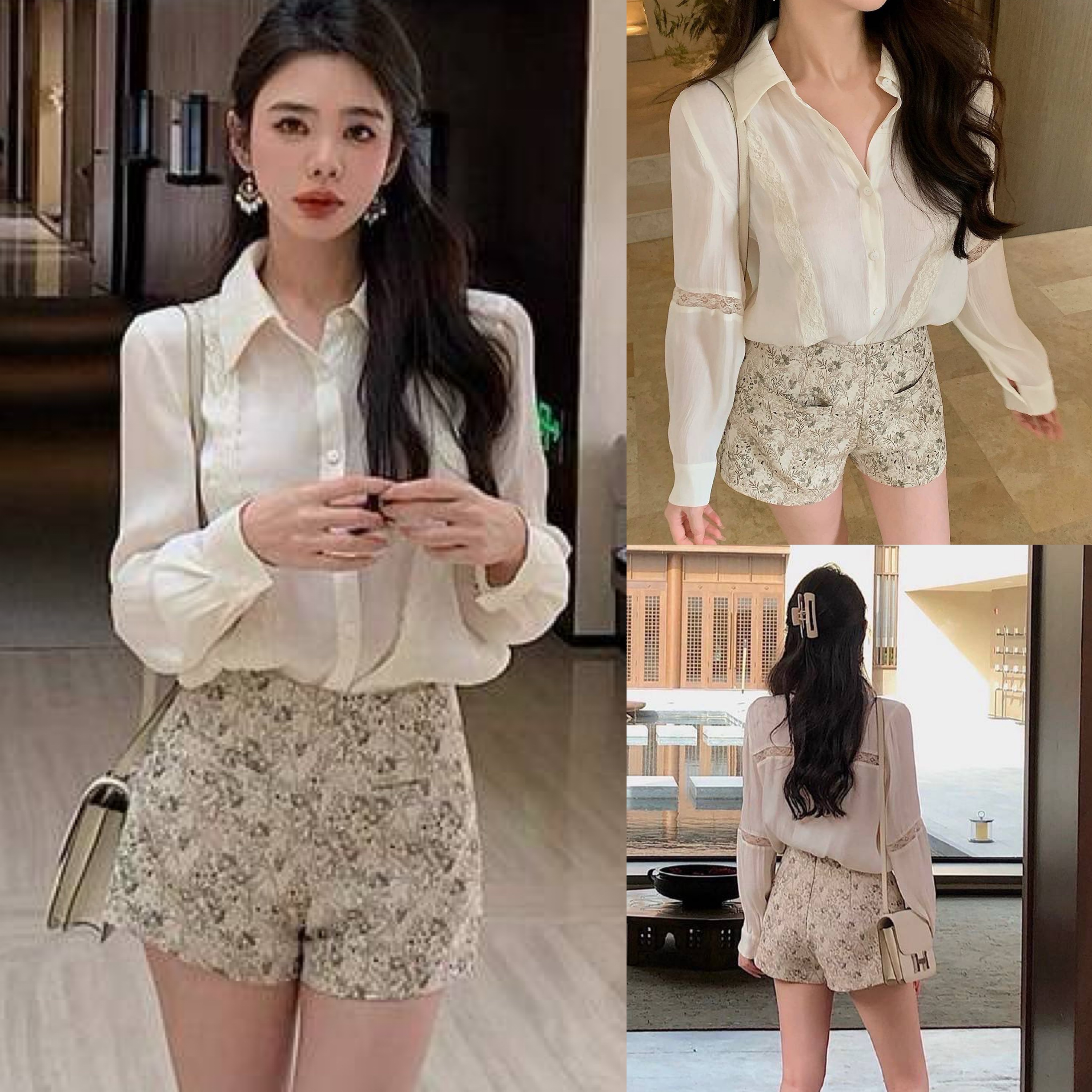 เซตเสื้อเชิ้ตคอปก ดีเทลแต่ลูกไม้รอบตัวกิ๊บเก๋ +กางเกงขาสั้น ใส่สบาย : สินค้าคุณภาพ (พร้อมส่ง)
