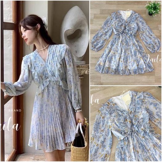มินิเดรสทรงแขนยาว แต่งคอวี มีระบายช่วงอก ช่วงปลายเดรสจับพลีส เบาๆโทนสีฟ้าอ่อนๆลายดอกน่ารัก บุซับในอย่างดี งานชีฟองเกาหลีสินค้าคุณภาพ (พร้อมส่ง)