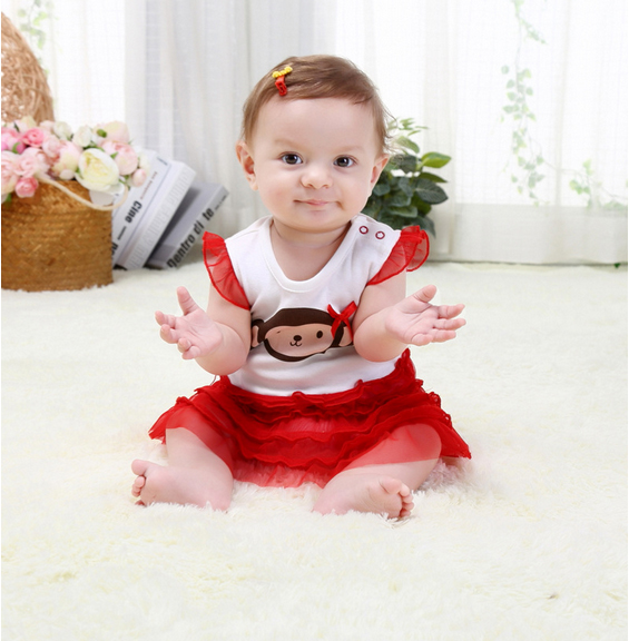 ชุดกระโปรงเด็กเล็ก ชุดเดรสบอดี้สูทเด็กหญิงกระโปรงแดง Size 3M / 24M