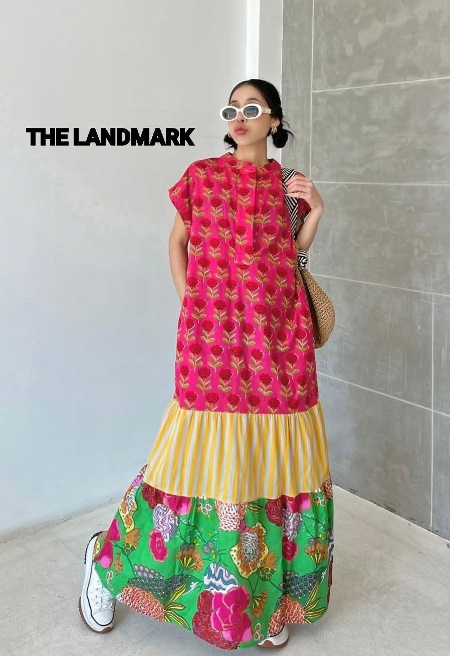 เดรสผ้าบล็อคคอทตอลอินเดีย ดีไซน์คอกลม แขนล้ำ ต่อระบาย มีกระเป๋าล้วง ☆งานเก๋มีสไตล์ ตัดต่อลายผ้า ใส่สบาย : สินค้าคุณภาพ (พร้อมส่ง)