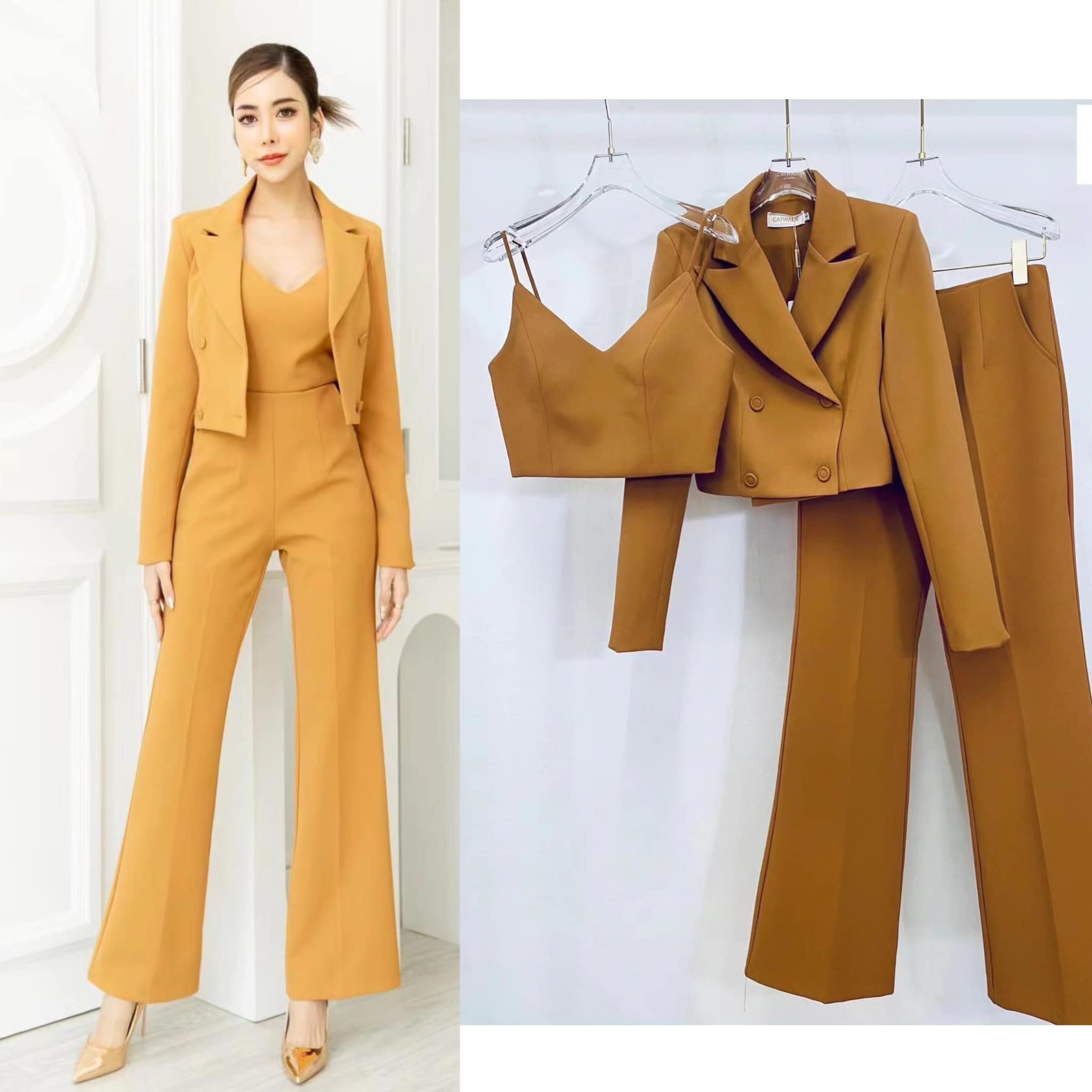 เซต Blazer ตัวสั้น 3 ชิ้น ตัว Blazer เป็นทรงครึ่งตัว เข้ารูป ด้านหน้าป้ายกัน สีโทนเดียวกับตัวชุด มีเสื้อ ครอปสายเดียวตัวใน มาคู่กับ กาง้กงเอวสูงทรงขาม้า ใส่สบาย สินค้าคุณภาพ (พร้อมส่ง)
