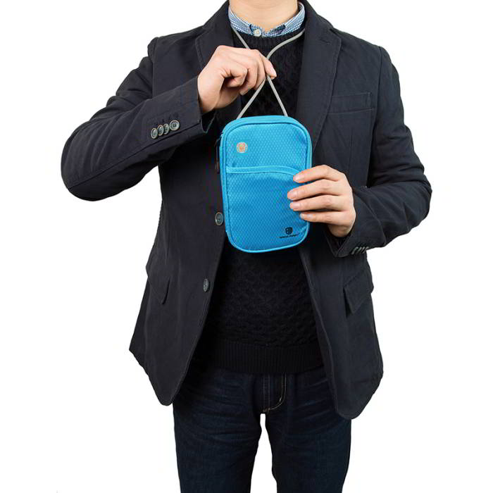 กระเป๋าใส่พาสปอร์ตห้อยคอ คล้องคอได้ กระเป๋าใส่หนังสือเดินทาง ป้องกันการขโมยข้อมูลบัตรเครดิตด้วยคลื่น RFID (Blue)