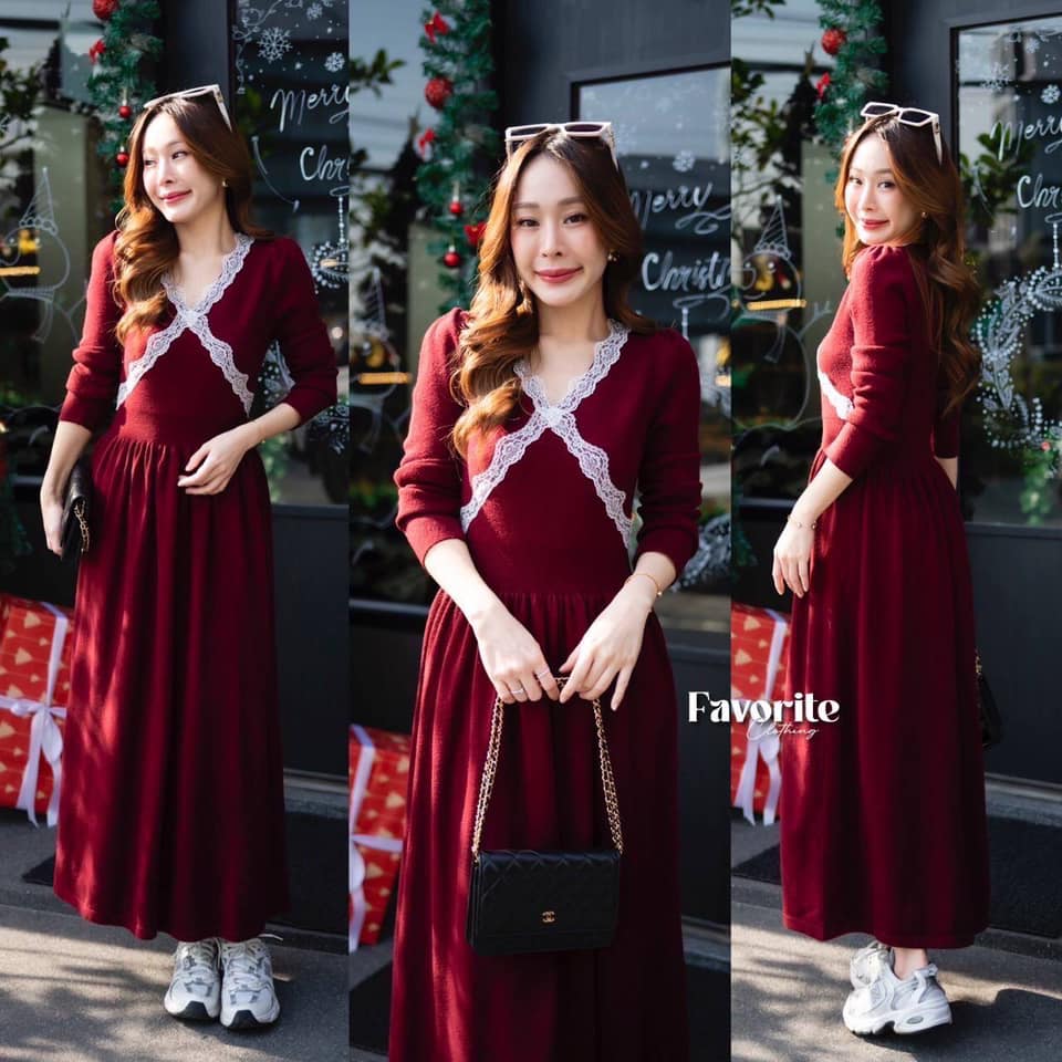 เดรสไหมพรมแขนยาว ดีเทลแต่งลูกไม้ ด้านหน้า งานผ้าไหมพรมเนื้อนุ่มทอแน่น ใส่สบาย ใส่สบาย : สินค้าคุณภาพ (พร้อมส่ง)