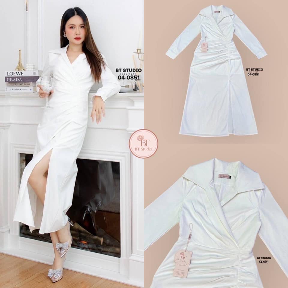 เดรสเชิ้ต แขนยาวคอปก แต่งคอป้ายจับจีบข้างผ่าหน้า ใส่สบาย : สินค้าคุณภาพ (พร้อมส่ง)