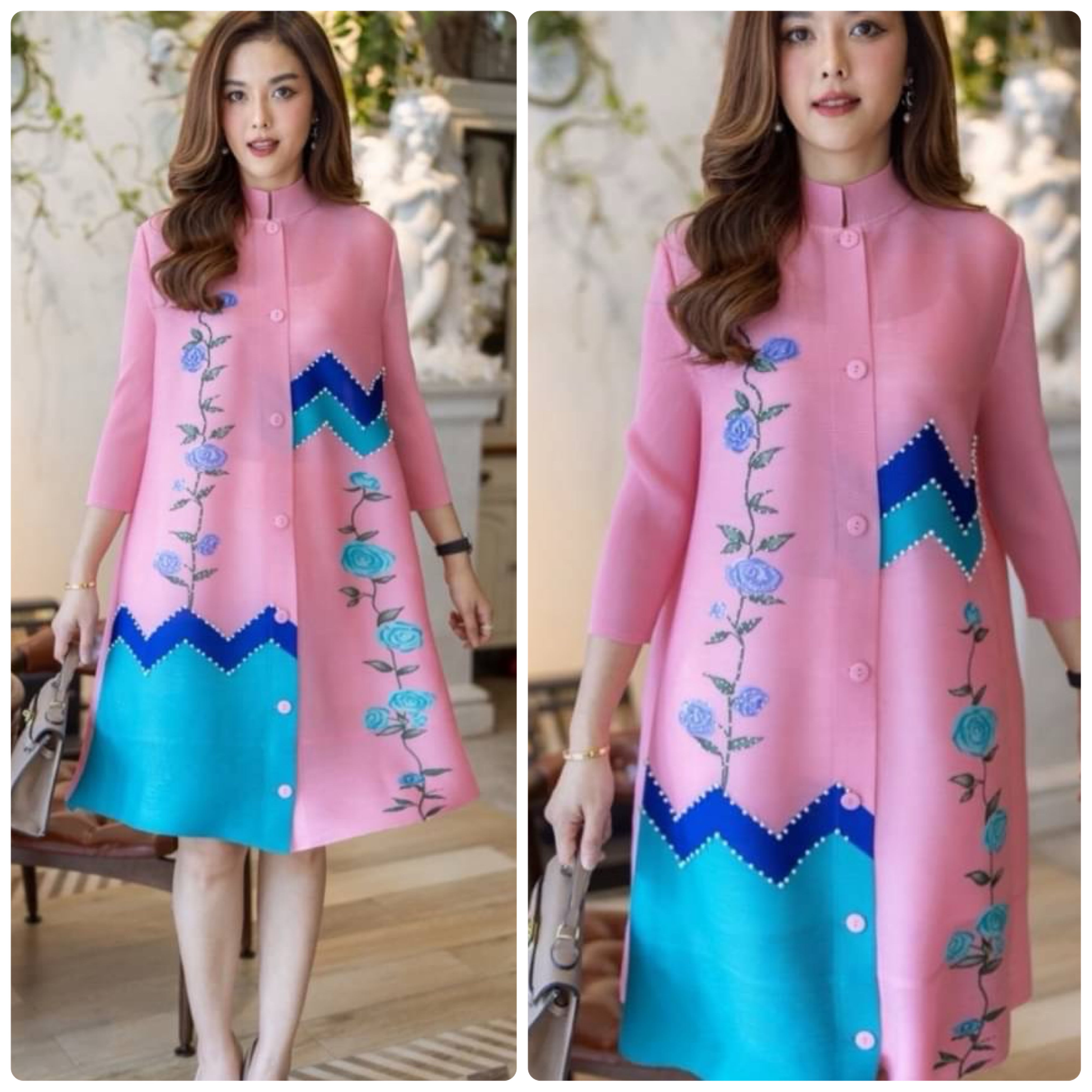 เดรสผ้าอัดพลีท Premium Pleatd Fabric ดีเทลสวยๆพิมพ์ลายประดับด้วยเพชรสุดหรู และมุก ใส่สบาย : สินค้าคุณภาพ (พร้อมส่ง)