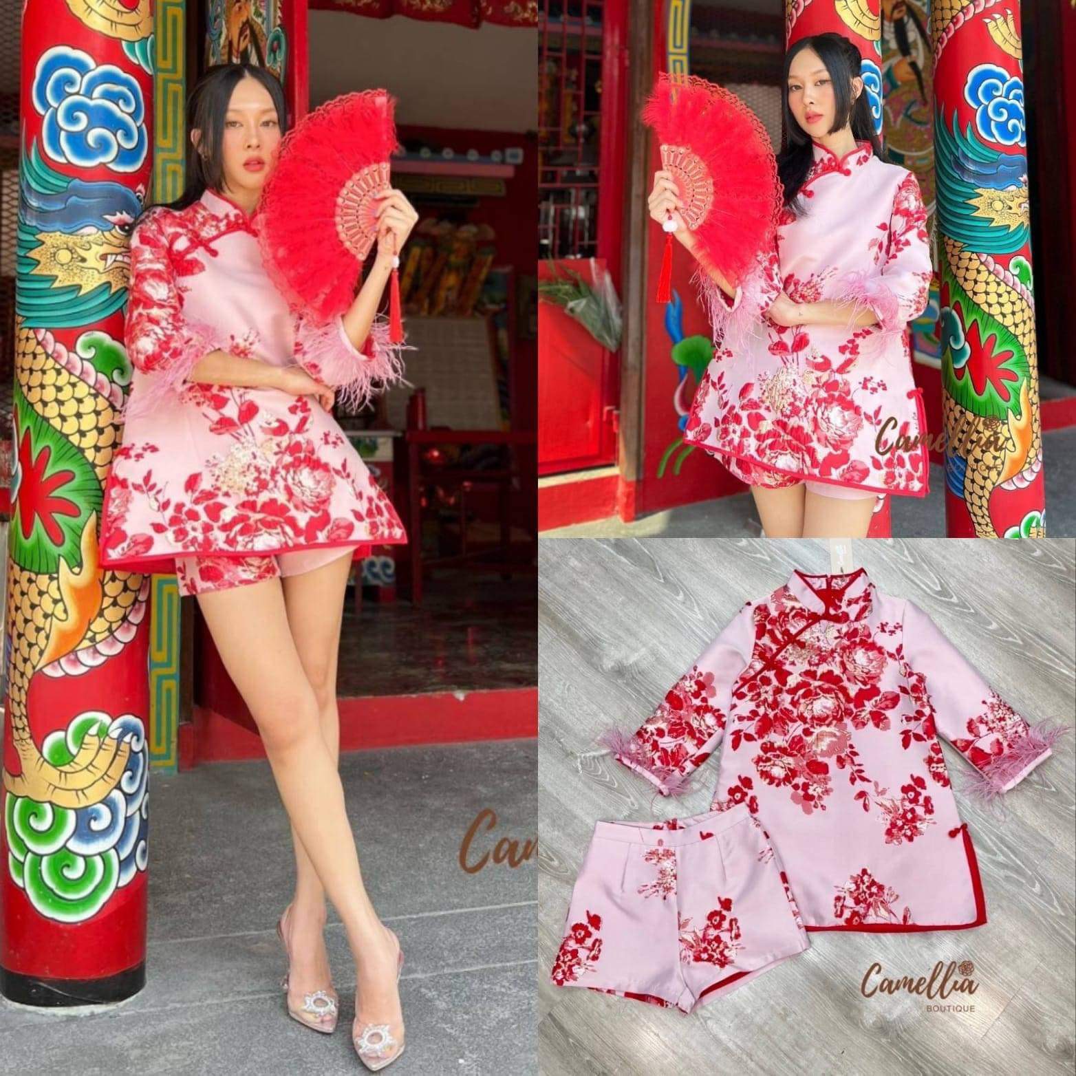 ชุดSet กี่เพ้า เสื้อคอจีนแขนยาว 3 ส่วนแต่งขน ที่ปลายแขน + กางเกงขาสั้น ผ้าทอลายทั้งชุด ใส่สบาย สินค้าคุณภาพ (พร้อมส่ง)