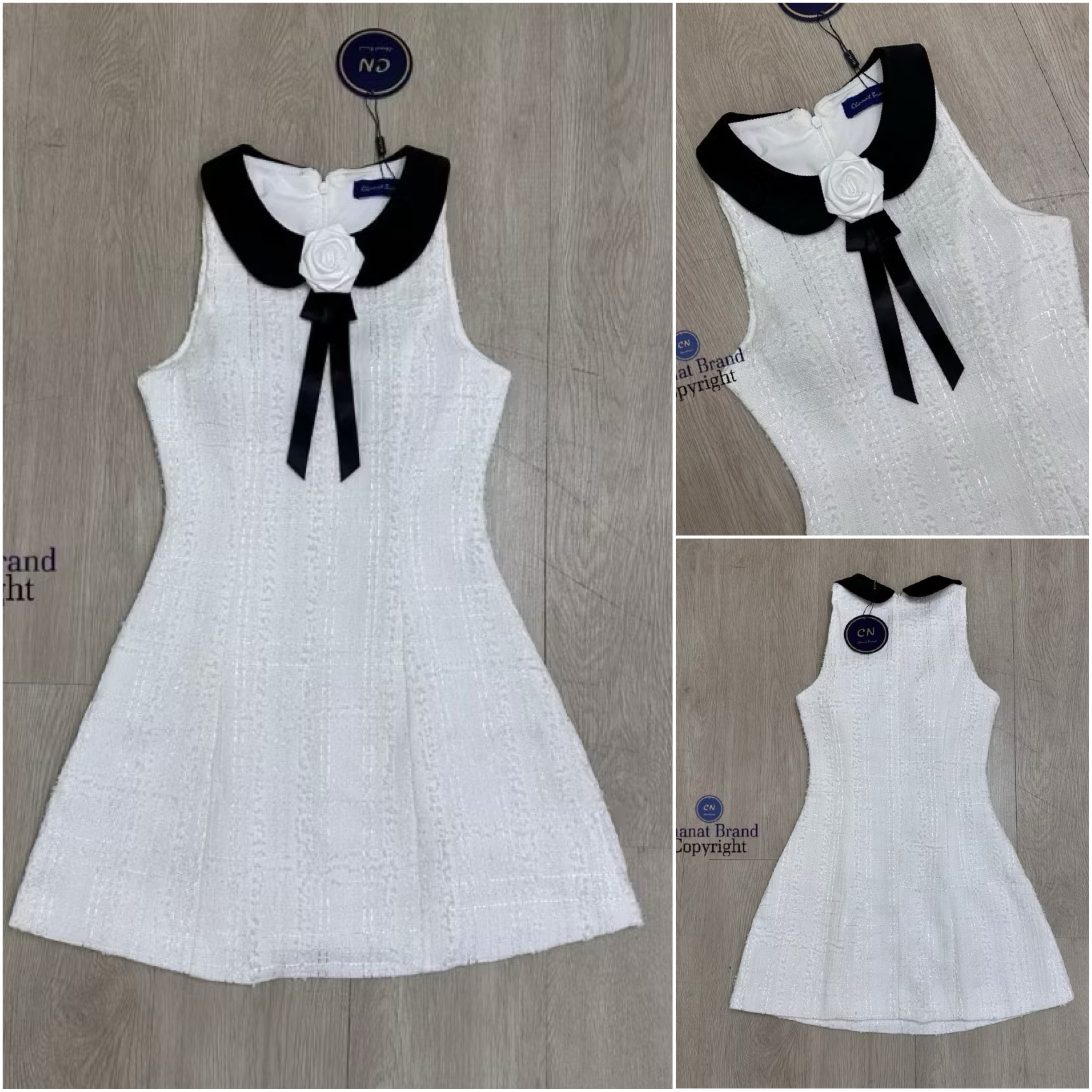 มินิเดรสแขนกุดผ้าทอนิ่มสีขาวผสมดิ้นเงิน ช่วงคอแต่งปกคอดำ และมีเข็มกลัดดอกไม้สีขาว ใส่สบาย : สินค้าคุณภาพ (พร้อมส่ง)