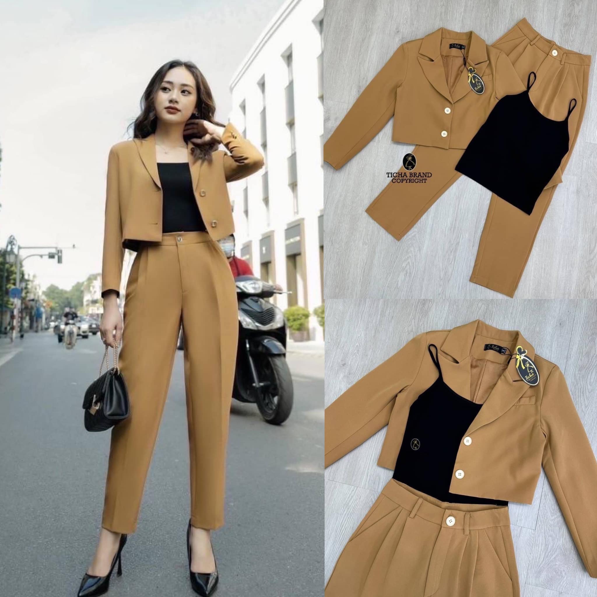 Set 3 ชิ้น เสื้อครอปตัวสั้นคอปกแขนยาวไหล่เสริมฟองน้ำ ด้านหน้ามีกระดุมใช้งานได้จริง มีเสื้อสายเดี่ยว สีดำตัวในให้ด้วยนะคะ มาพร้อมกางเกงขายาว . สินค้าคุณภาพ (พร้อมส่ง) .