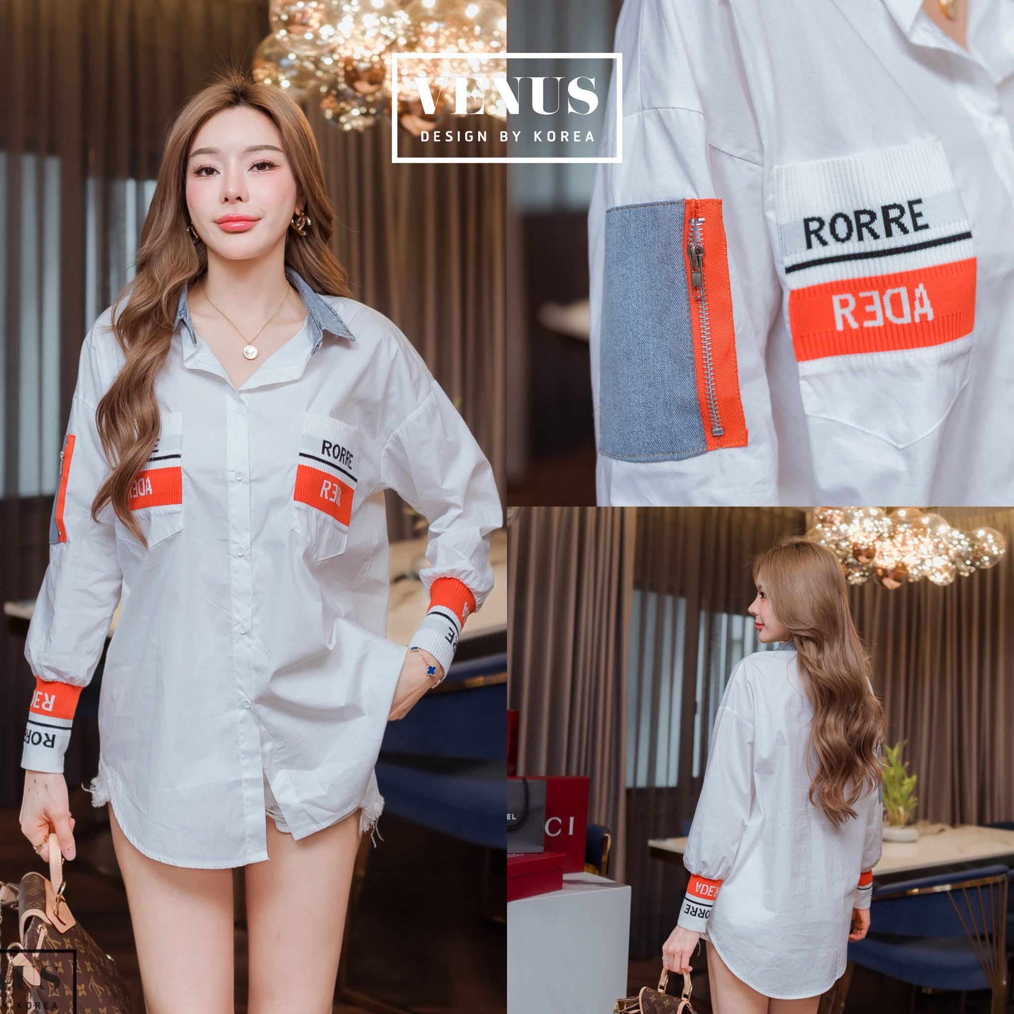 เสื้อเชิ๊ตแต่งผ้ายีน ดีเทลช่วงปลายแขนแต่งผ้าทอ งานสวยเป๊ะ ใส่สบาย : สินค้าคุณภาพ (พร้อมส่ง)